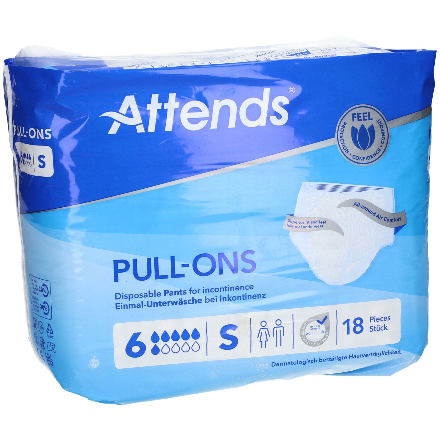 Attends® Slip Pull-Ons. 6 unités, taille S. Sous-vêtements jetables pour incontinence. Emballage avec image du produit.