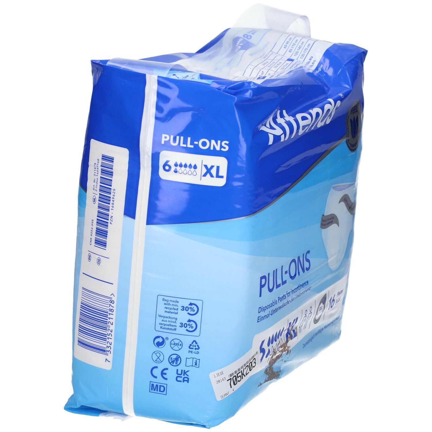 Attends® Slip Pull-Ons, XL, emballage. Emballage bleu avec informations sur le produit. Inscription : PULL-ONS, pour incontinence. Dos.