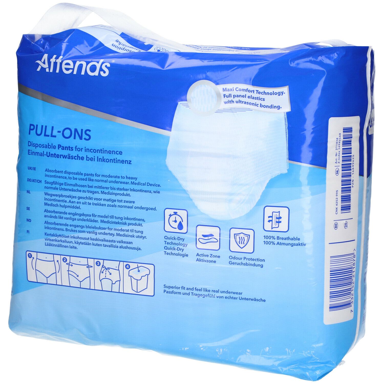 Attends® Slip Pull-Ons, XL, emballage. Emballage bleu avec informations sur le produit. Inscription : PULL-ONS, pour incontinence. Dos.