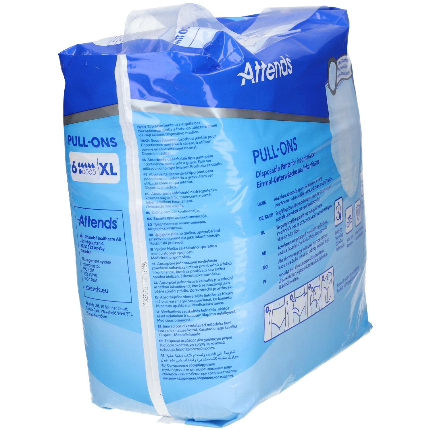 Attends® Slip Pull-Ons, XL, emballage. Emballage bleu avec informations sur le produit. Inscription : PULL-ONS, pour incontinence. Dos.