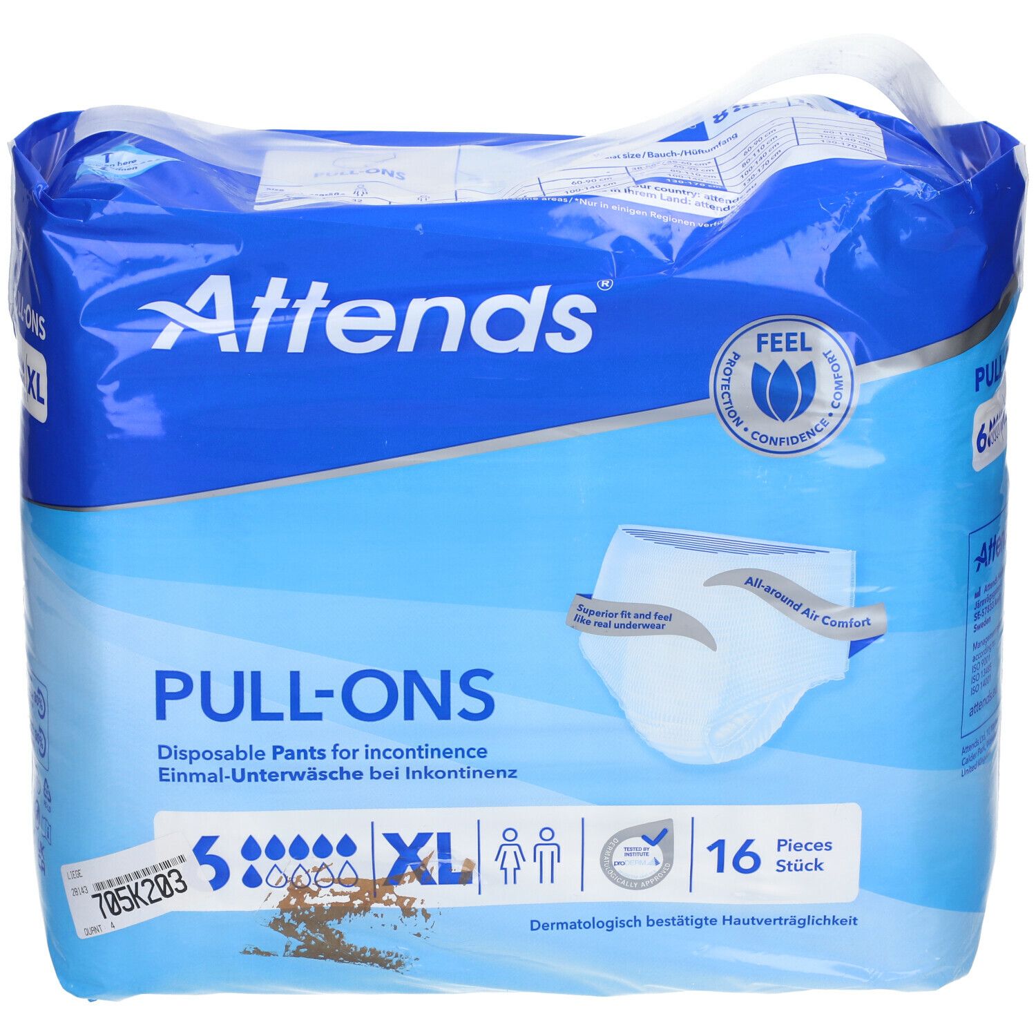Attends® Slip Pull-Ons, XL, 16 pièces. Emballage bleu avec texte et image du produit. Inscription : PULL-ONS, pour incontinence.