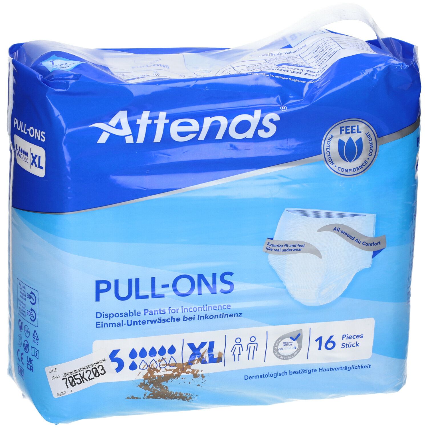 Attends® Slip Pull-Ons, XL, 16 pièces. Emballage bleu avec texte et image du produit. Inscription : PULL-ONS, pour incontinence.
