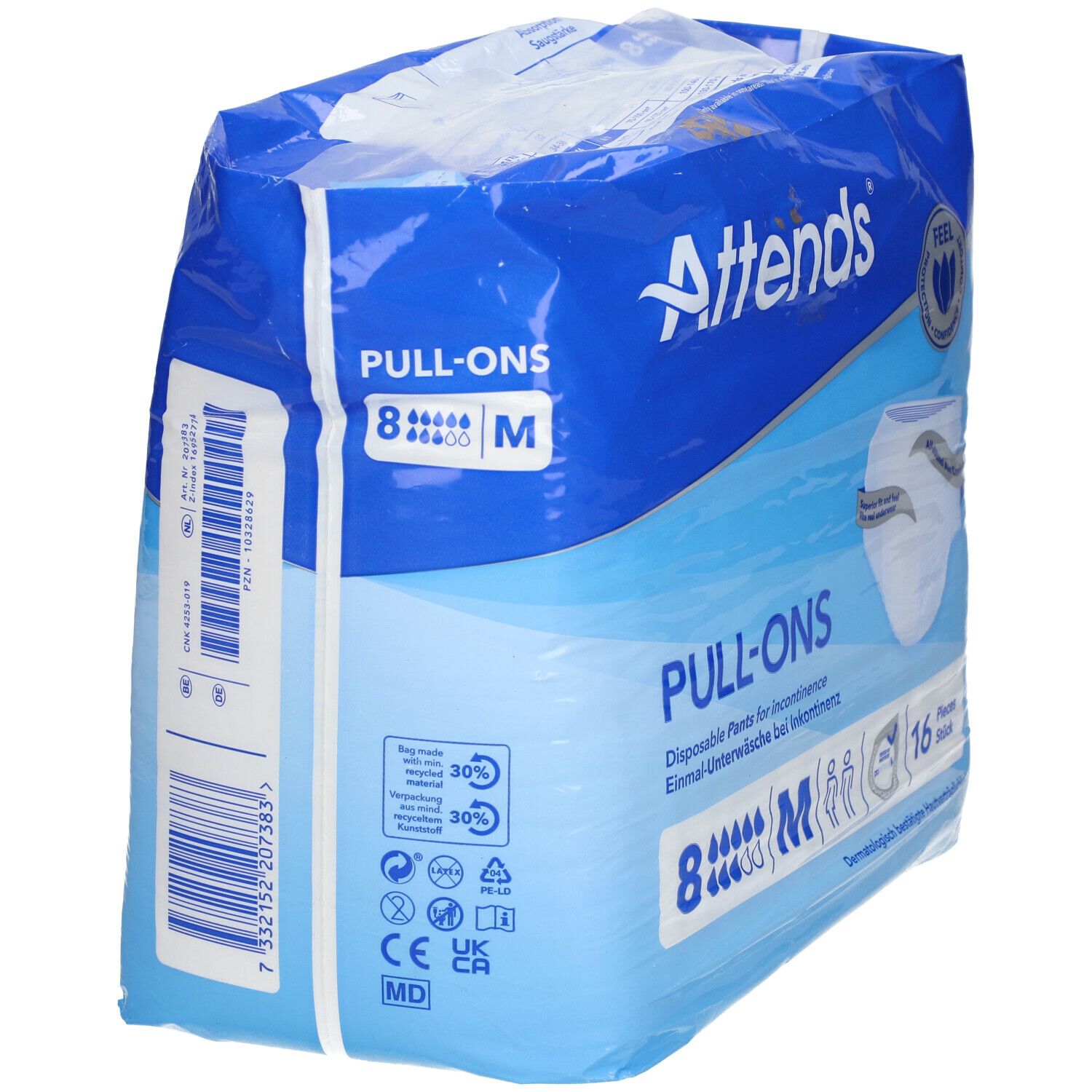 Emballage Attends® Slip Pull-Ons 8 Medium. Emballage bleu, vue latérale. Inscription: PULL-ONS, 8, M, 16 pièces. Avec symboles de recyclage.