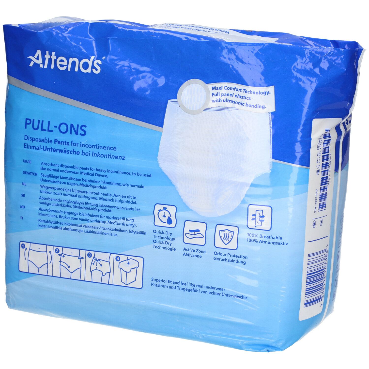 Emballage Attends® Slip Pull-Ons 8 Medium. Emballage bleu, dos. Inscription: PULL-ONS, 8, M. Image du produit. Avec informations.