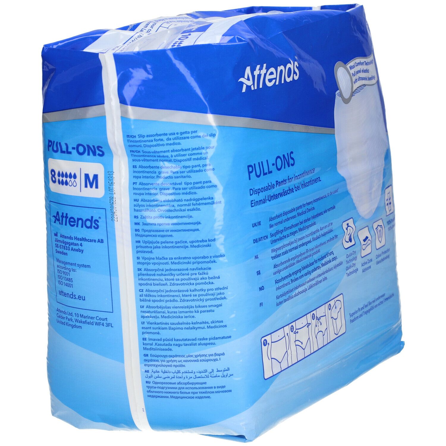 Emballage Attends® Slip Pull-Ons 8 Medium. Emballage bleu, dos. Inscription: PULL-ONS, 8, M. Informations et pictogrammes.