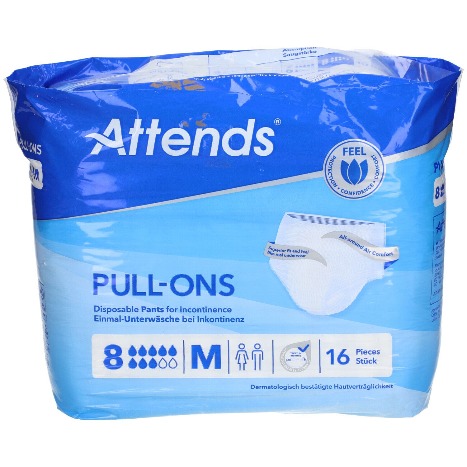 Paquet de Attends® Slip Pull-Ons 8 Medium. Emballage bleu avec image du produit. Inscription: PULL-ONS, 8, M, 16 pièces.