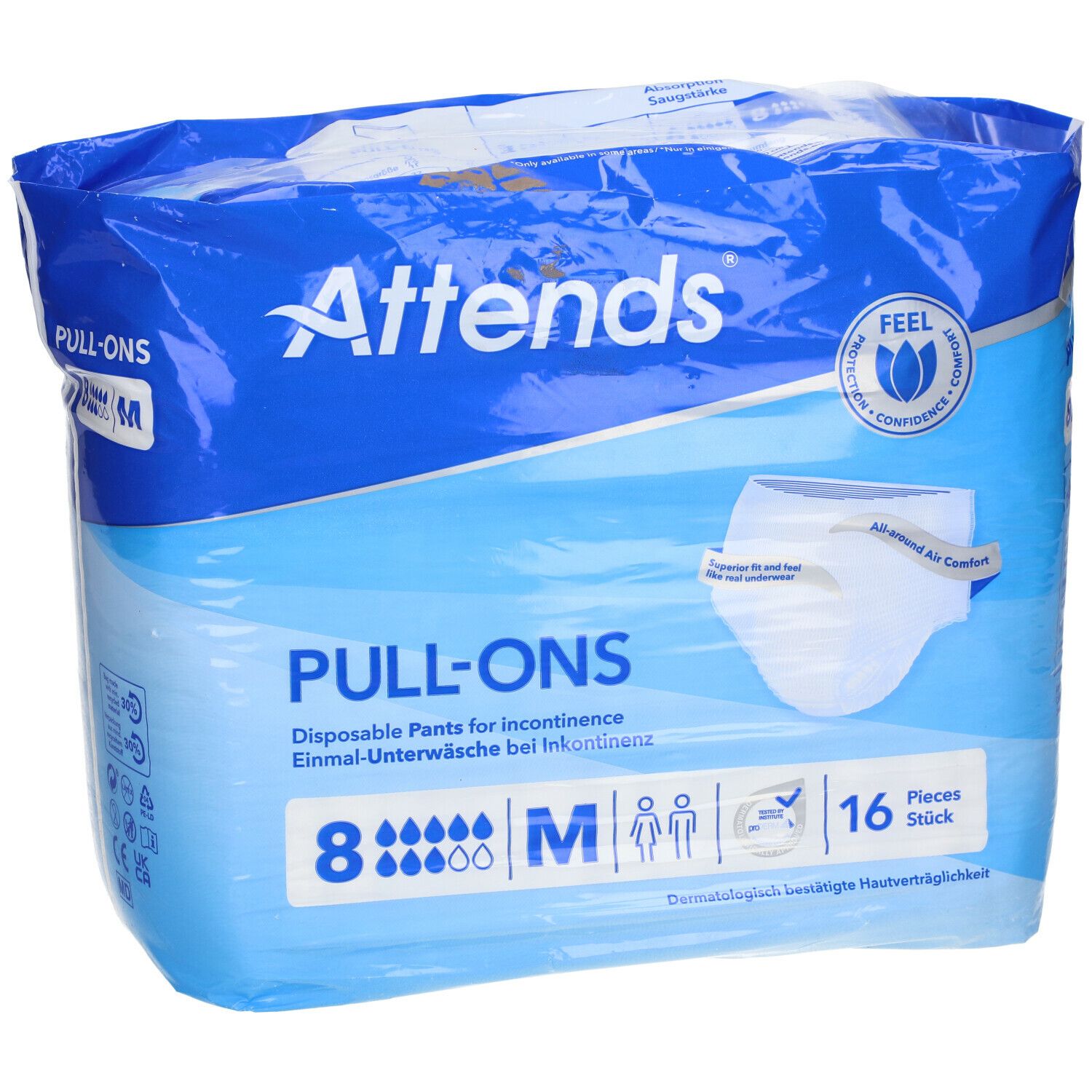 Paquet de Attends® Slip Pull-Ons 8 Medium. Emballage bleu avec image du produit. Inscription: PULL-ONS, 8, M, 16 pièces.