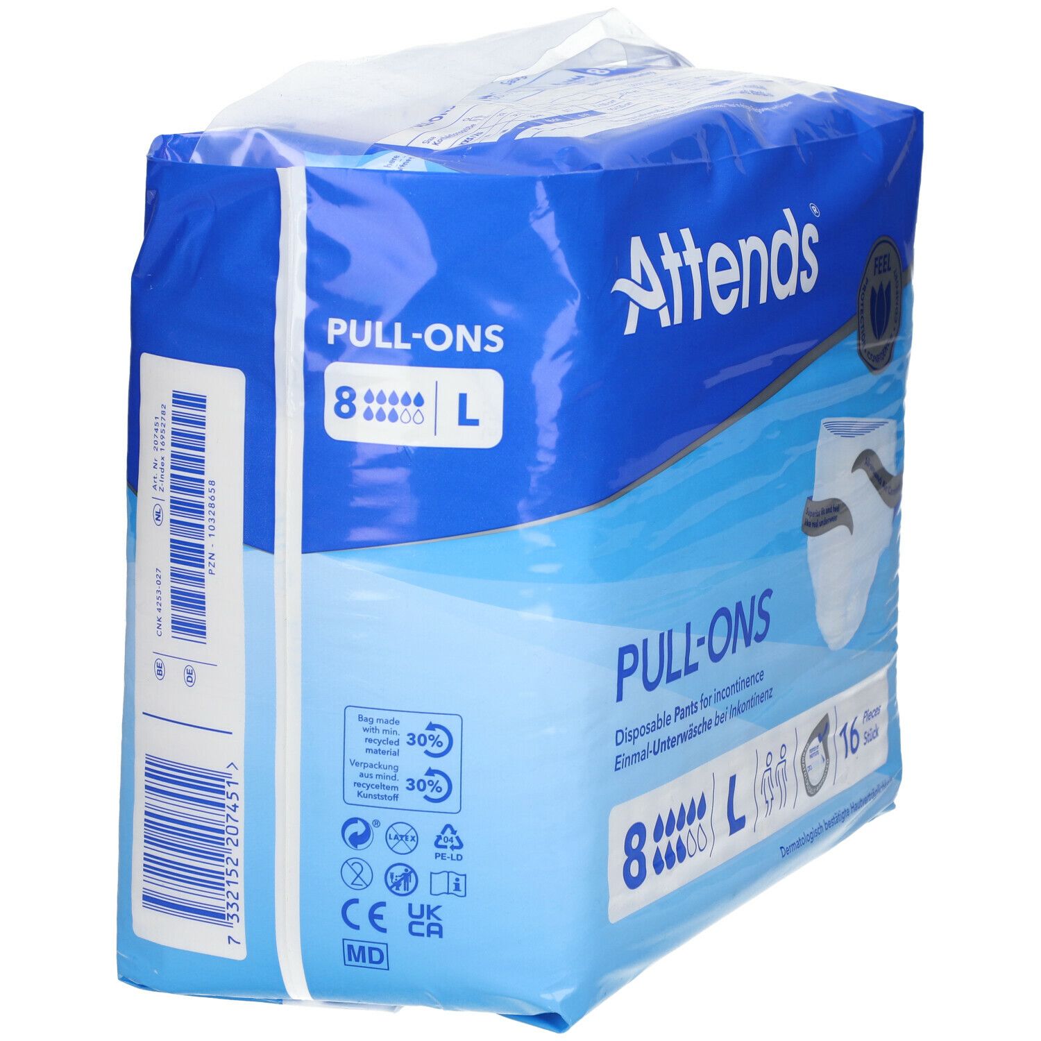 Attends® Slip Pull-Ons 8 Large. Emballage bleu. Vue arrière. 16 pièces. Taille L. Pour incontinence. Symboles de recyclage.