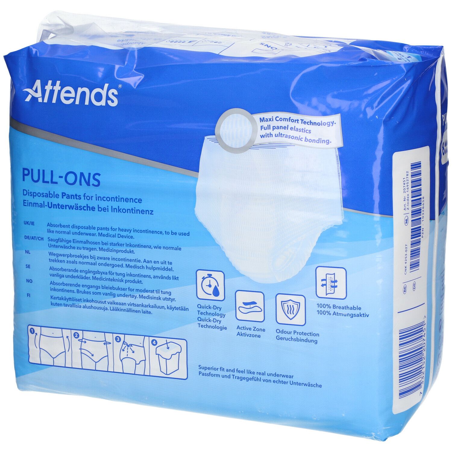 Attends® Slip Pull-Ons 8 Large. Emballage bleu. Image du produit. 16 pièces. Taille L. Pour incontinence. Informations supplémentaires.
