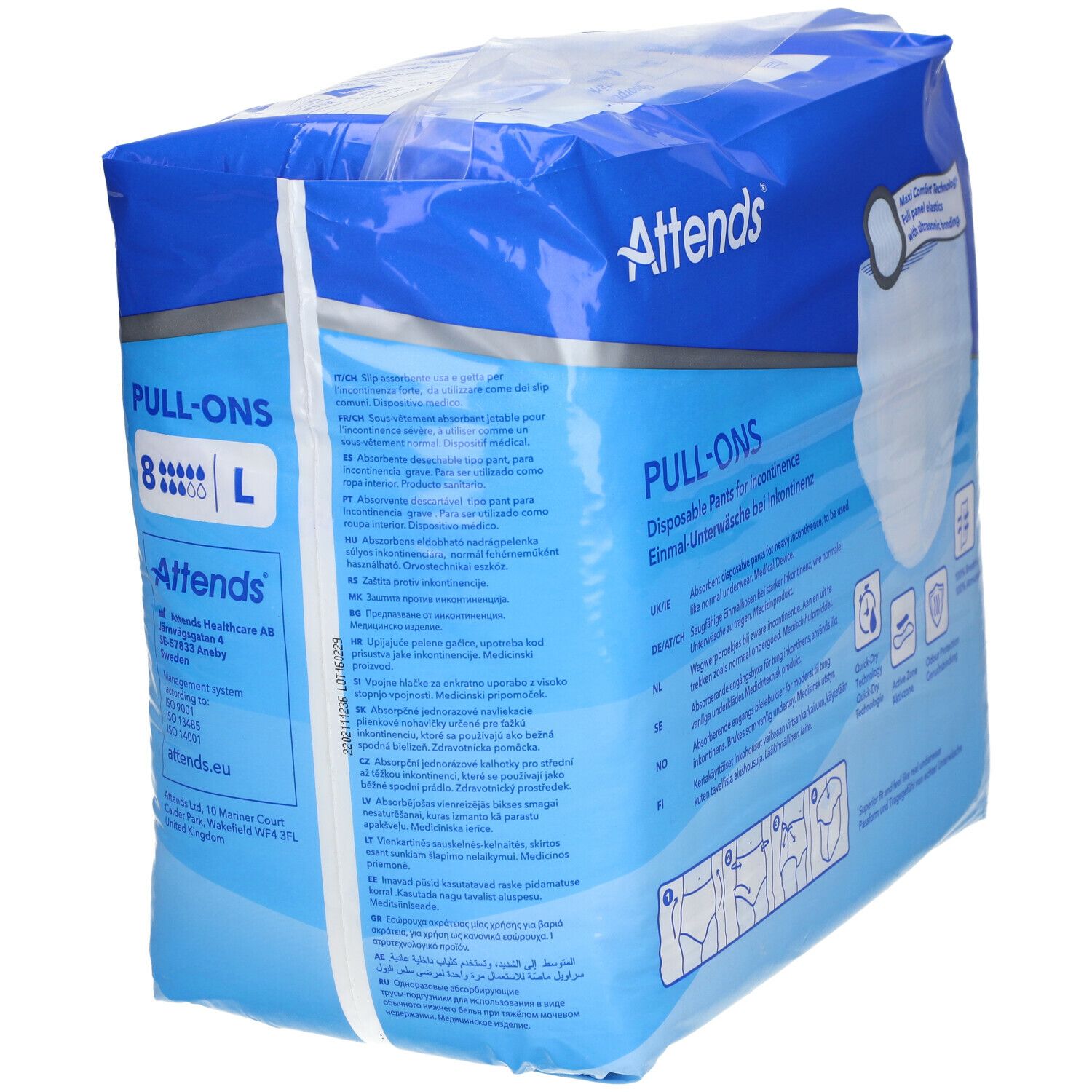 Attends® Slip Pull-Ons 8 Large. Emballage bleu. Vue arrière. 16 pièces. Taille L. Pour incontinence. Informations produit.
