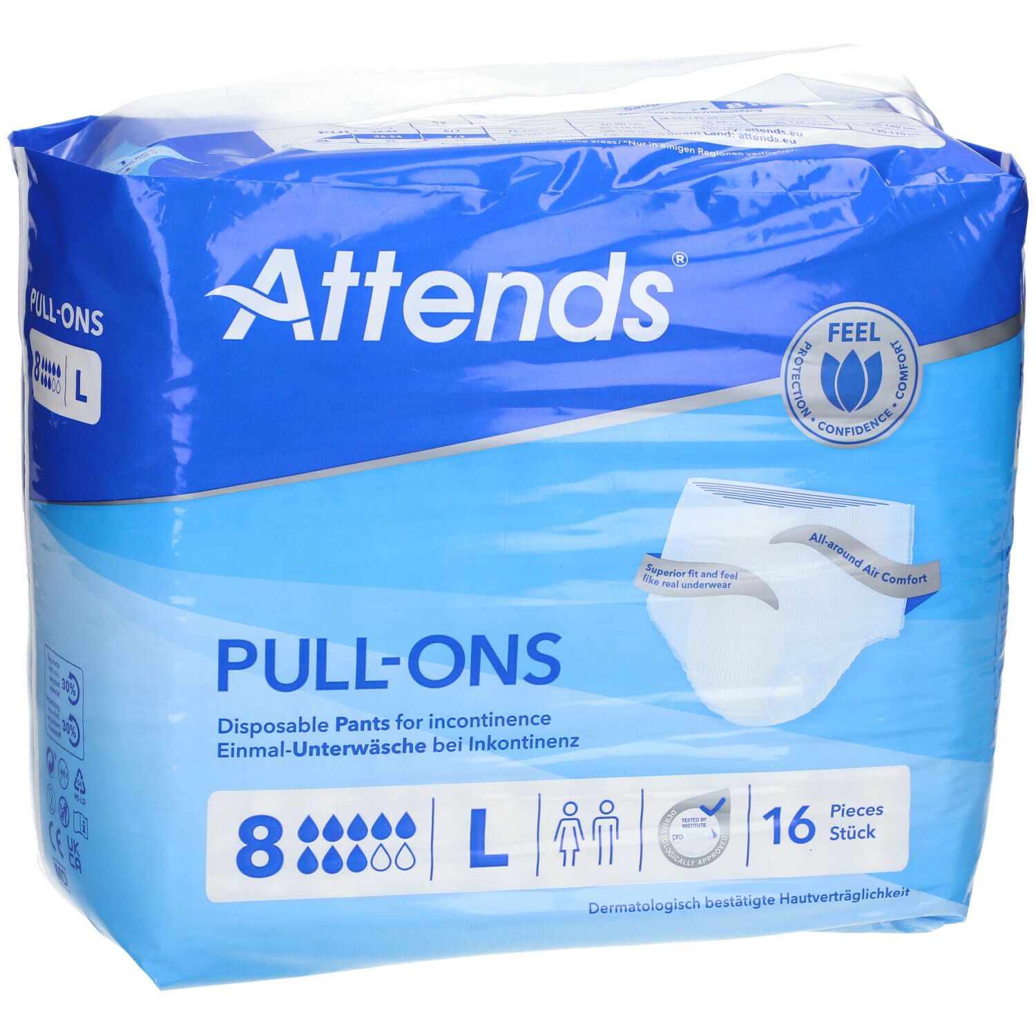 Attends® Slip Pull-Ons 8 Large. Emballage bleu. Image du produit. 16 pièces. Taille L. Pour incontinence. Testé dermatologiquement.