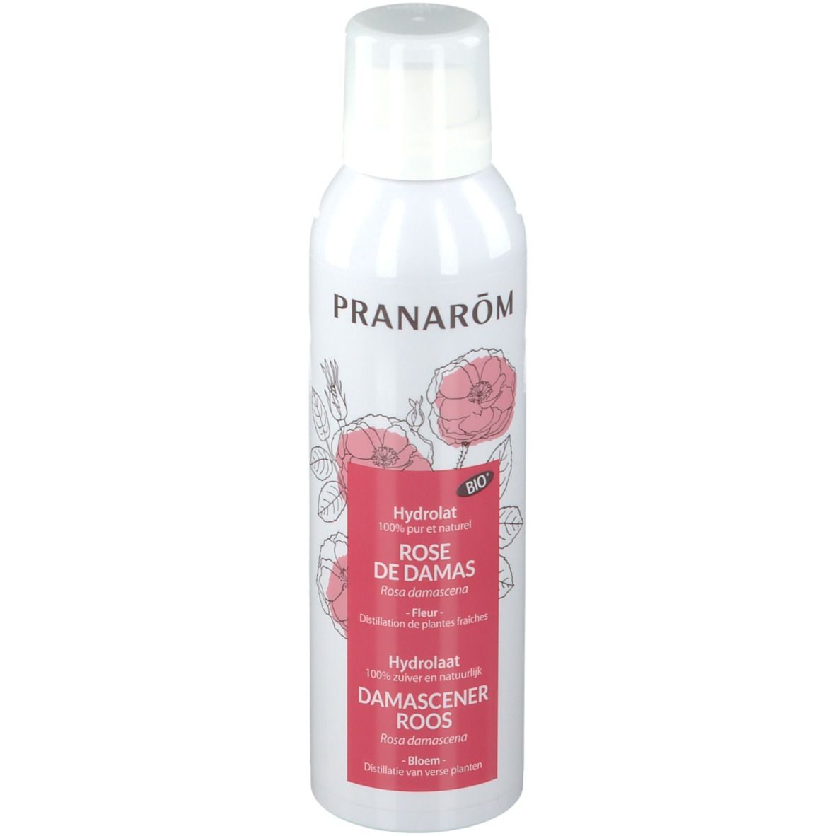 Flacon blanc avec étiquette. Inscription: PRANAROM, Rose de Damas, Hydrolat. Certification bio.