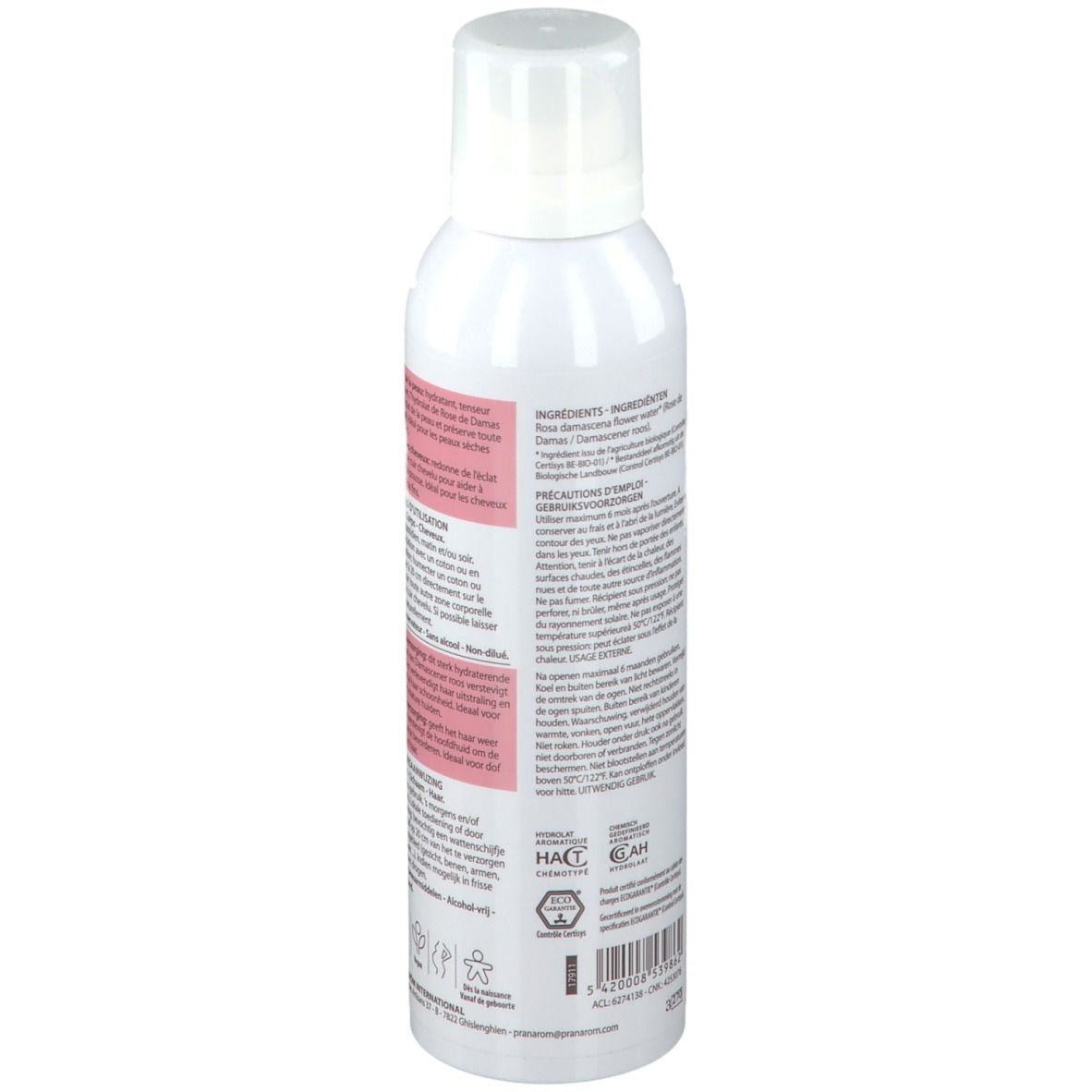 Flacon blanc avec étiquette. Texte: Ingrédients, précautions. Vue arrière. Certifications.