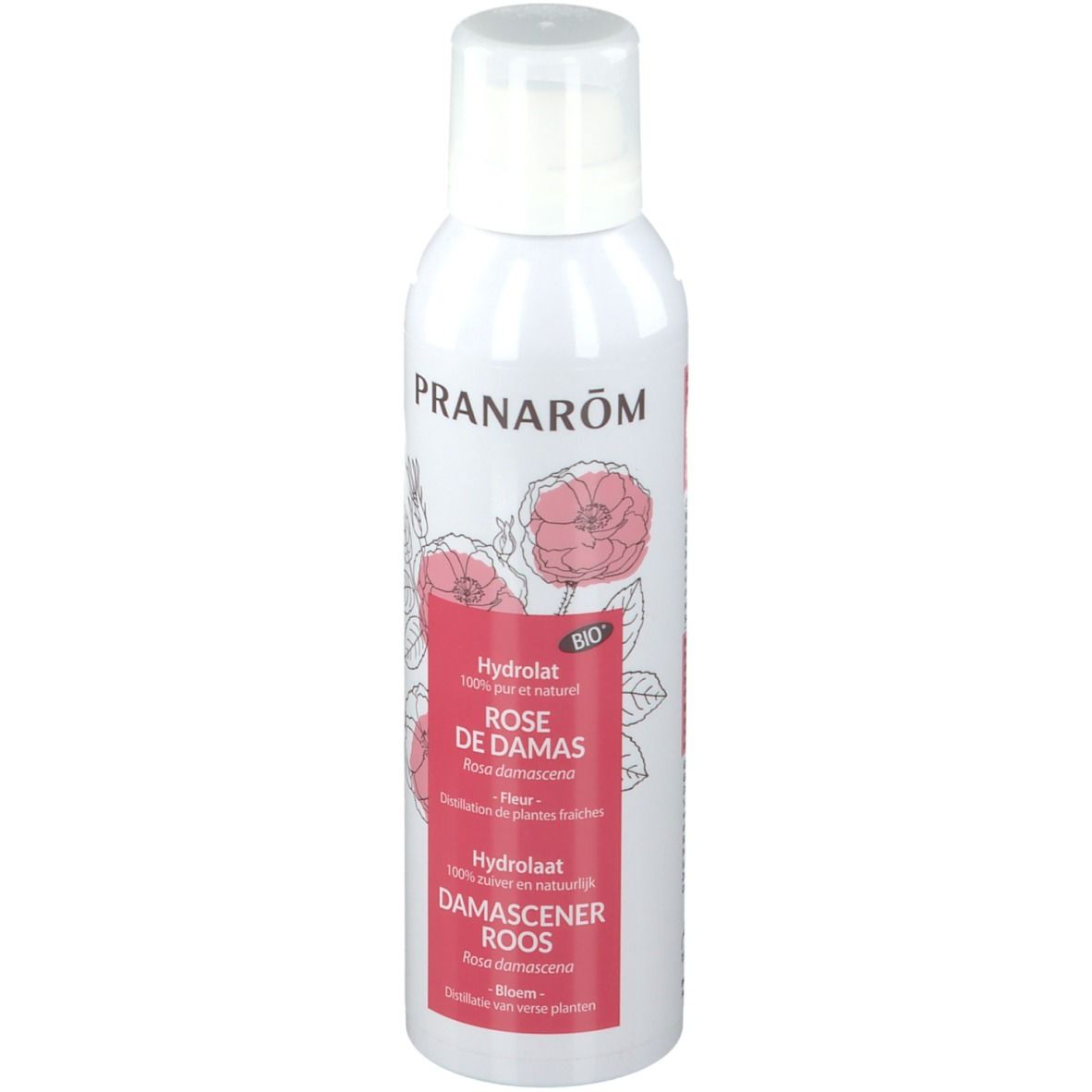 Flacon blanc avec étiquette. Inscription: PRANAROM, Rose de Damas, Hydrolat. Certification bio.