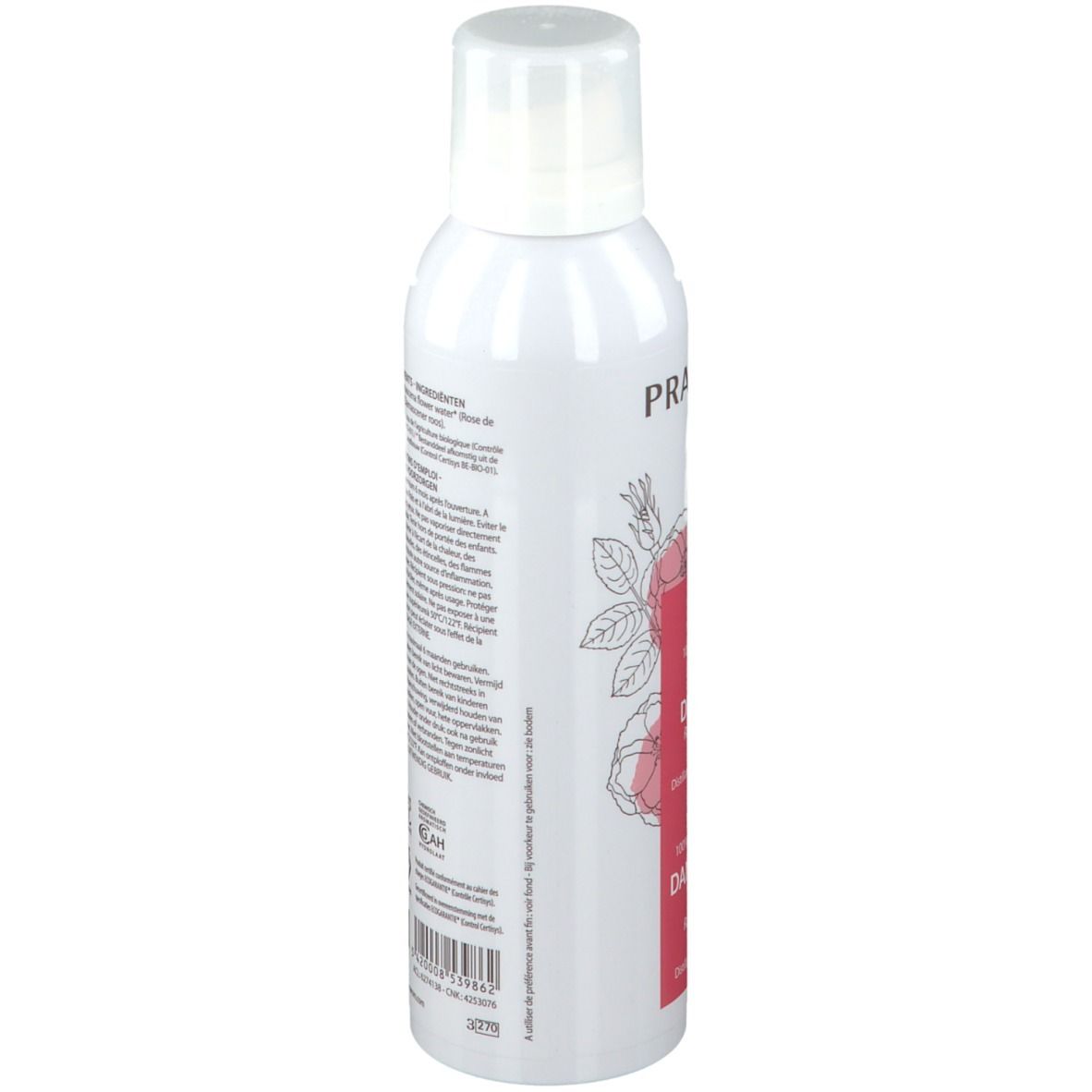 Flacon blanc avec étiquette. Texte: Ingrédients, précautions. Vue arrière. Certifications.