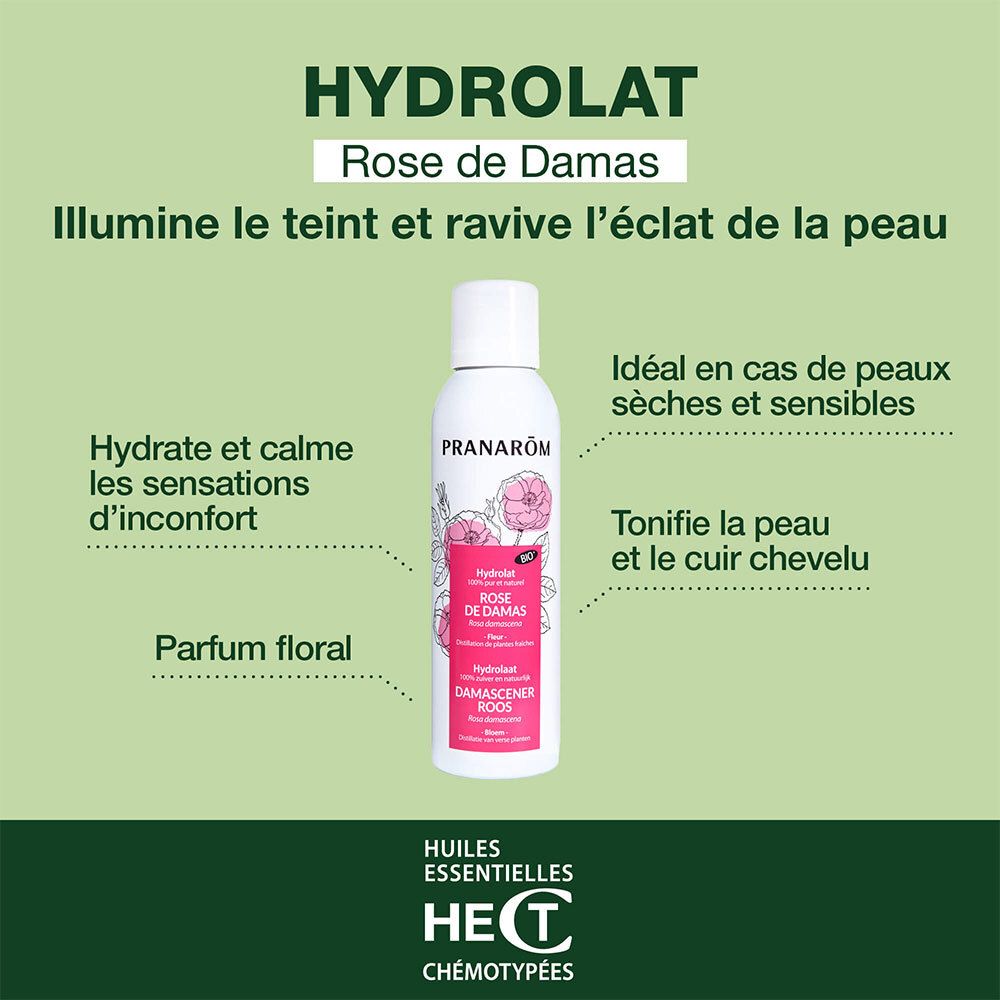 Weisse Sprühflasche mit rosa Etikett. Text: PRANAROM, Rose de Damas, Hydrolat. Zusätzliche Informationen.