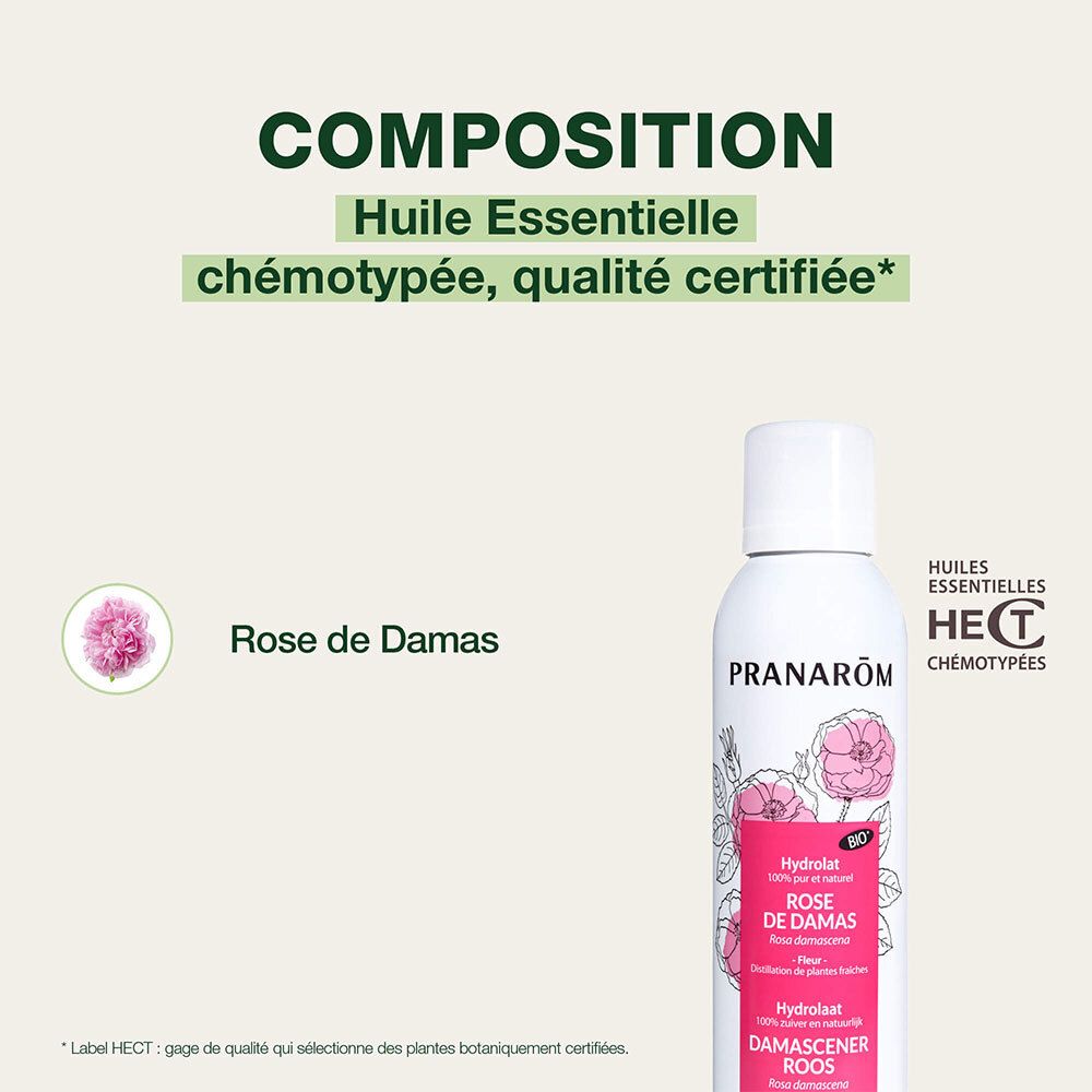 Weisse Sprühflasche mit rosa Etikett. Text: PRANAROM, Rose de Damas, Hydrolat. Zertifizierte Qualität.