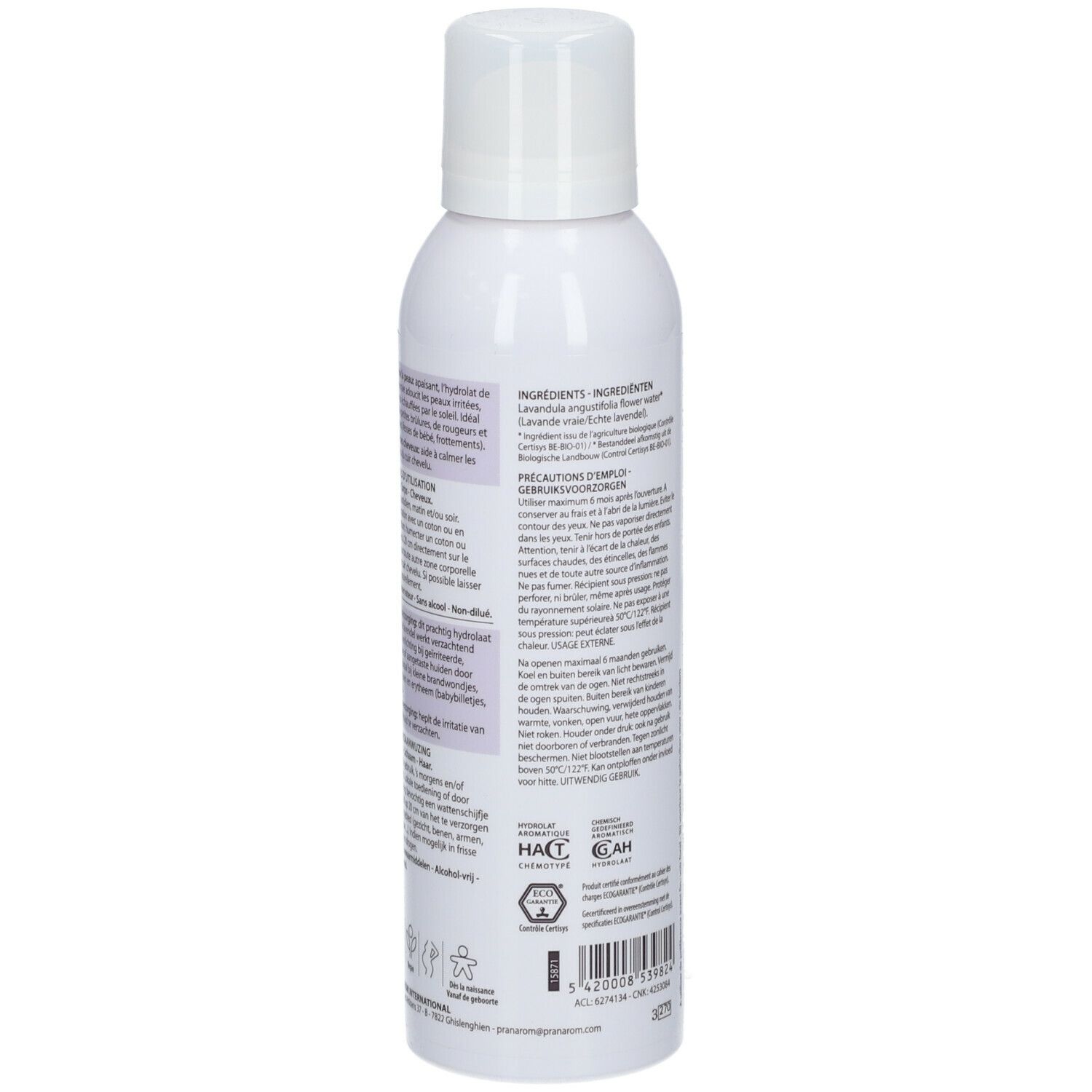 Achterkant van het witte flesje. Tekst: ingrediënten, gebruiksaanwijzing, certificeringen, barcode.