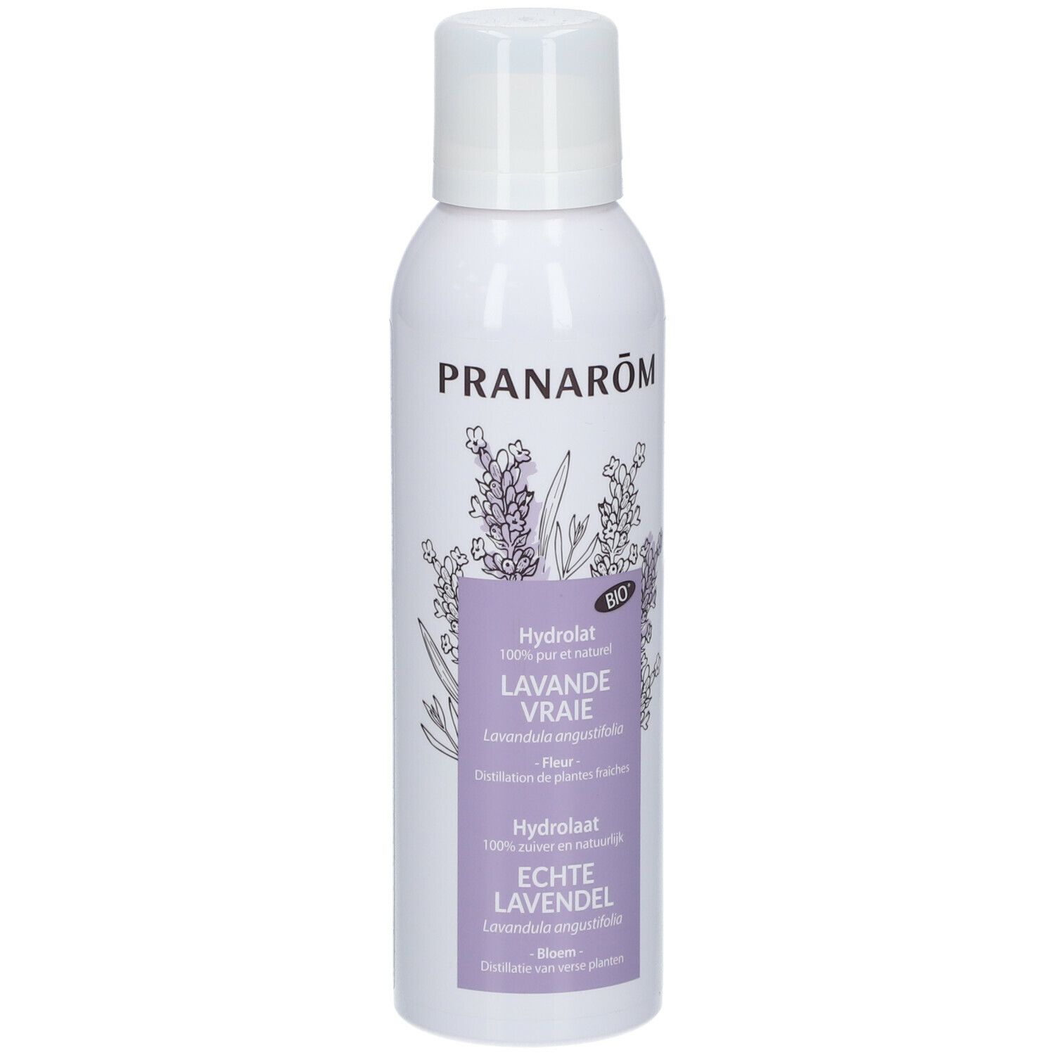 Wit flesje met sproeikop. Opschrift: PRANAROM, Lavande Vraie, Hydrolat. Bio-label.