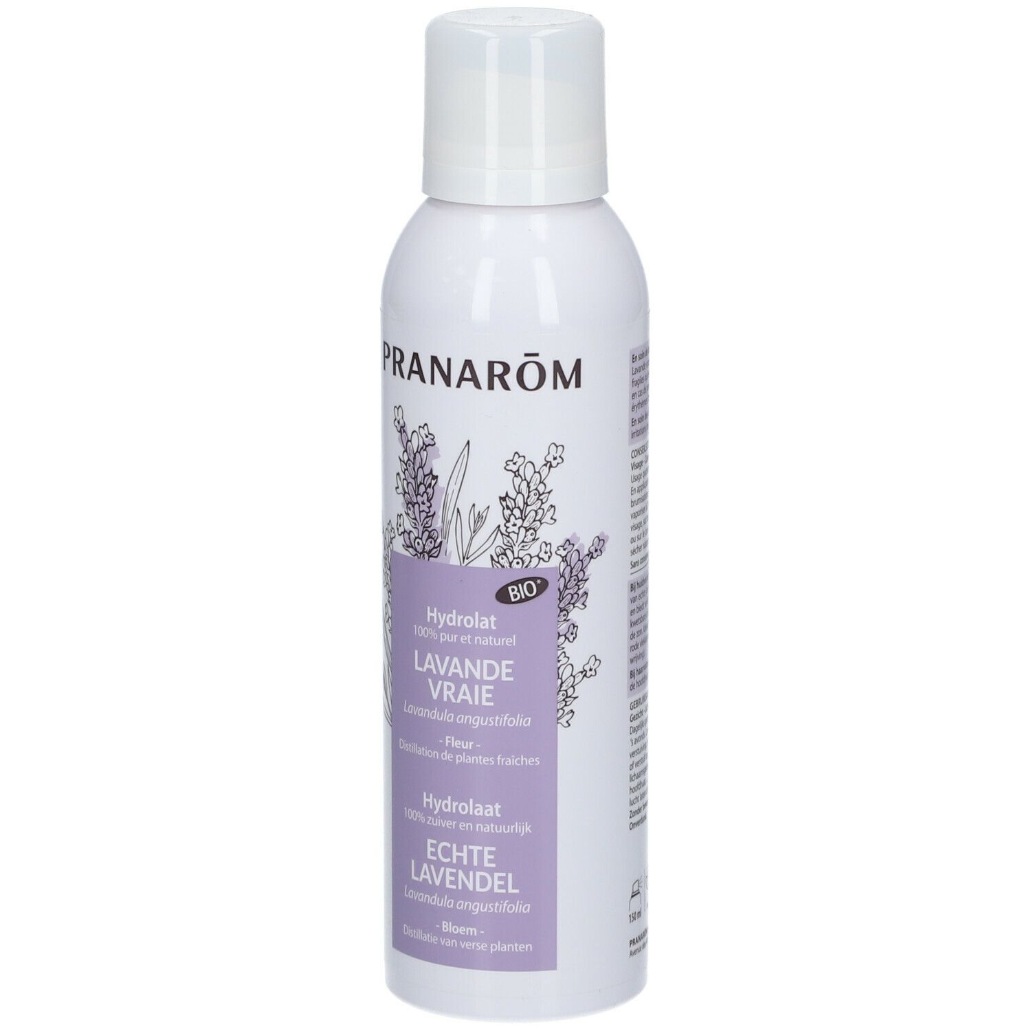 Wit flesje met sproeikop. Opschrift: PRANAROM, Lavande Vraie, Hydrolat. Bio-label.