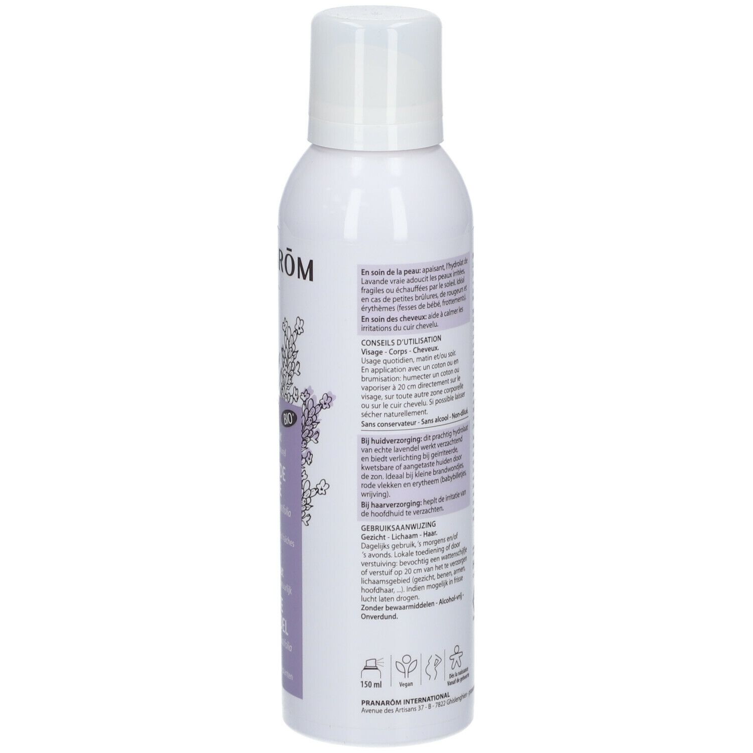 Wit flesje met sproeikop. Tekst: PRANAROM, gebruiksaanwijzing, 150 ml, certificeringen.