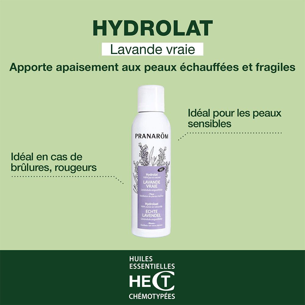 Produktflasche auf grünem Hintergrund. Text: Hydrolat, Lavande vraie. Ideal bei Rötungen und für empfindliche Haut.