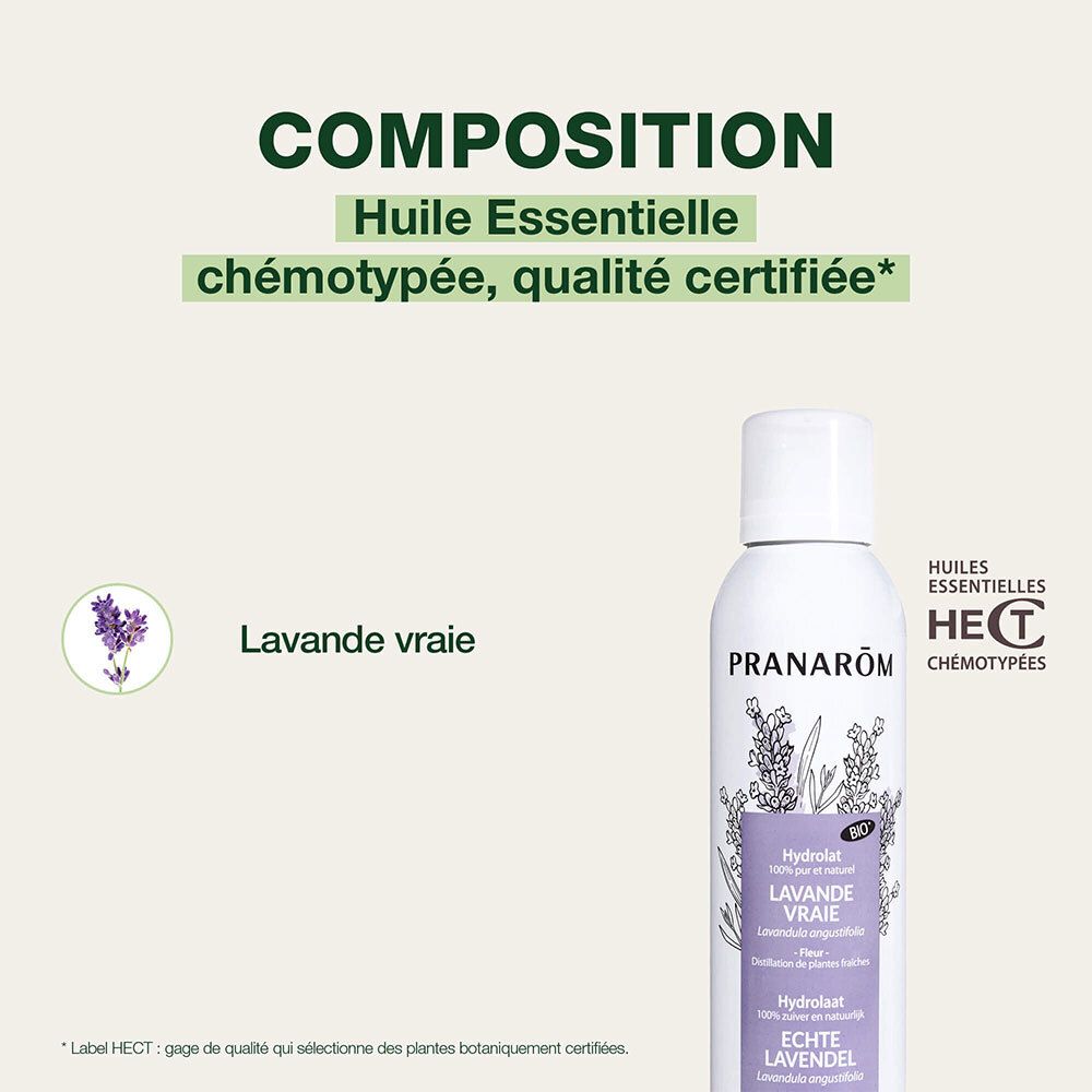 Produktflasche auf grünem Hintergrund. Text: Chemotypisiertes ätherisches Öl, zertifizierte Qualität. Lavande vraie.