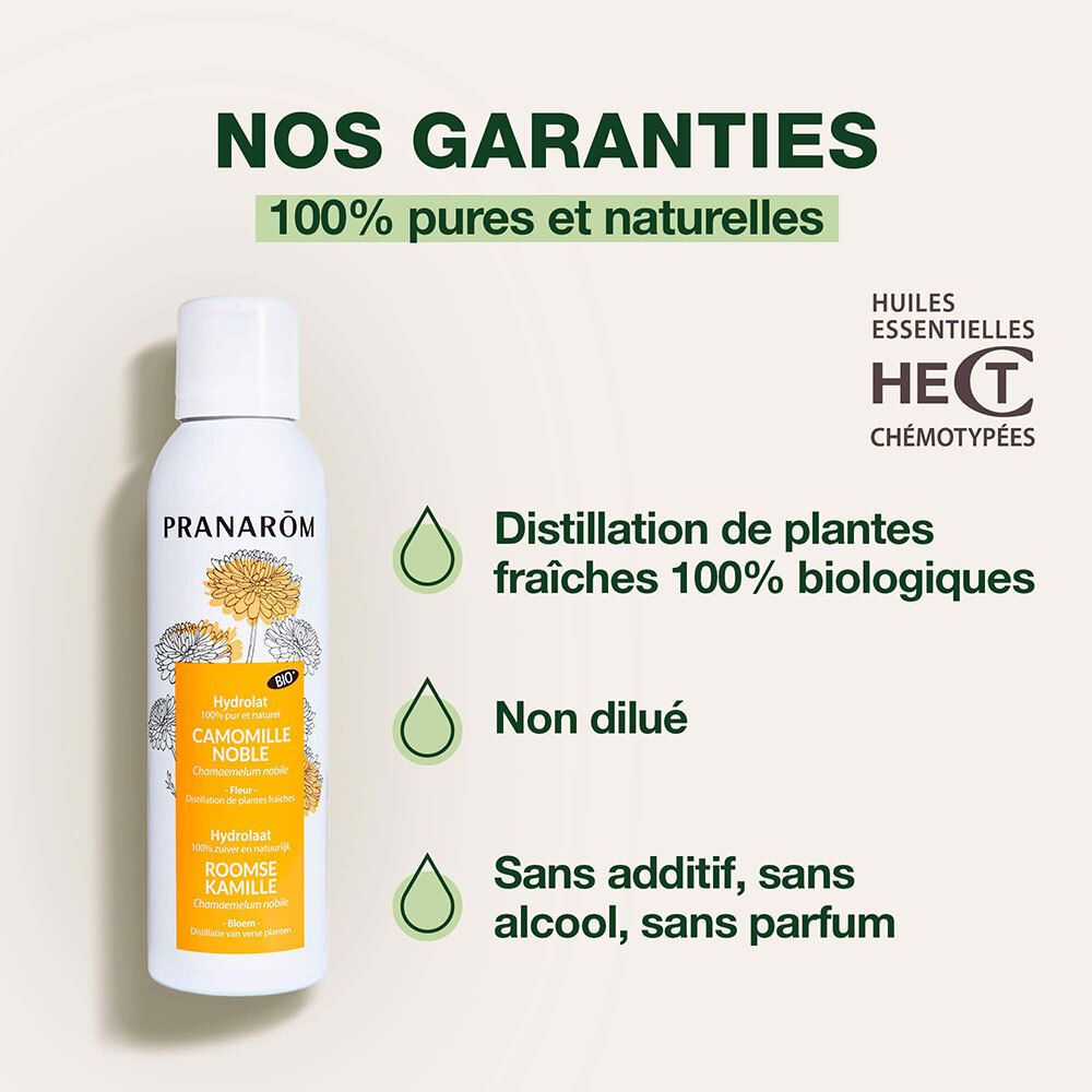 PRANAROM Kamillen-Hydrolat: Flasche, Garantien 100% rein und natürlich, Bio-Qualität.