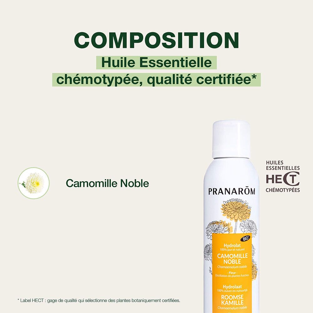 PRANAROM Kamillen-Hydrolat: Flasche, Zusammensetzung, ätherisches Öl, HECT-Qualität.