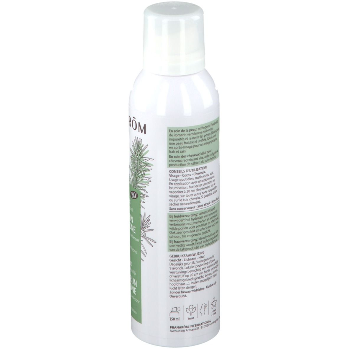Rückseite der weißen Sprühflasche. Text in mehreren Sprachen. Grün bedrucktes Etikett mit Produktinformationen und Anweisungen.