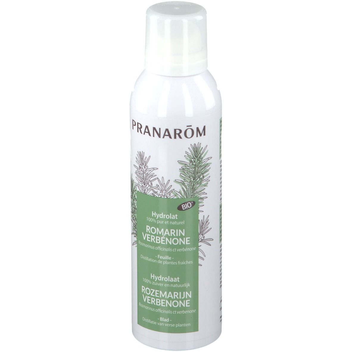 Weißes Sprühflasche mit grünem Etikett. Aufschrift: PRANAROM, ROMARIN VERBENONE, BIO. Abbildung von Rosmarinzweigen.