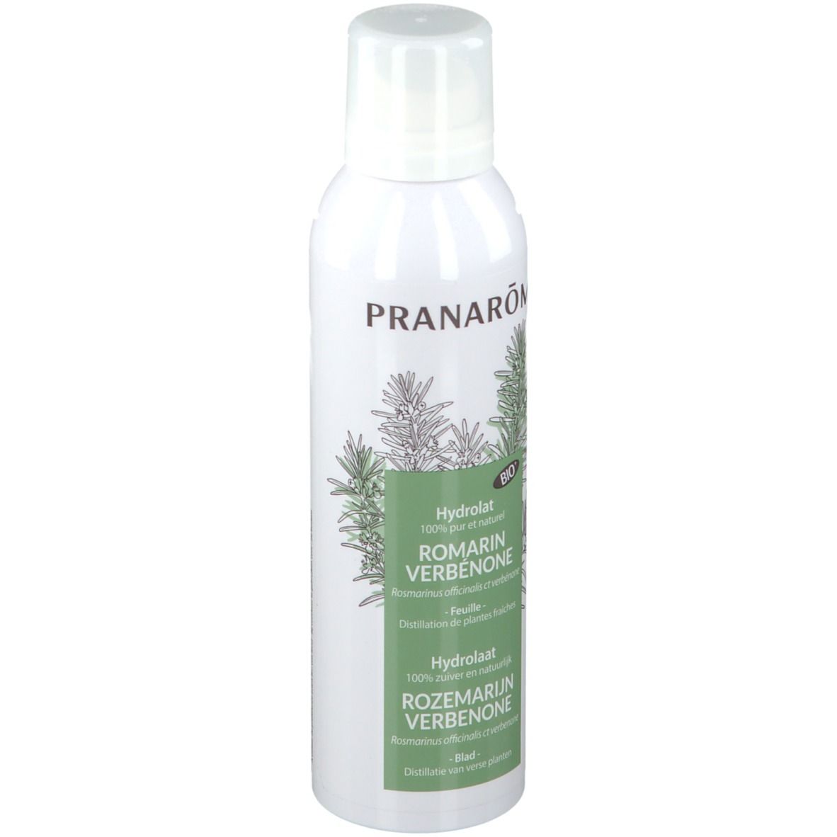Weißes Sprühflasche mit grünem Etikett. Aufschrift: PRANAROM, ROMARIN VERBENONE, BIO. Abbildung von Rosmarinzweigen.