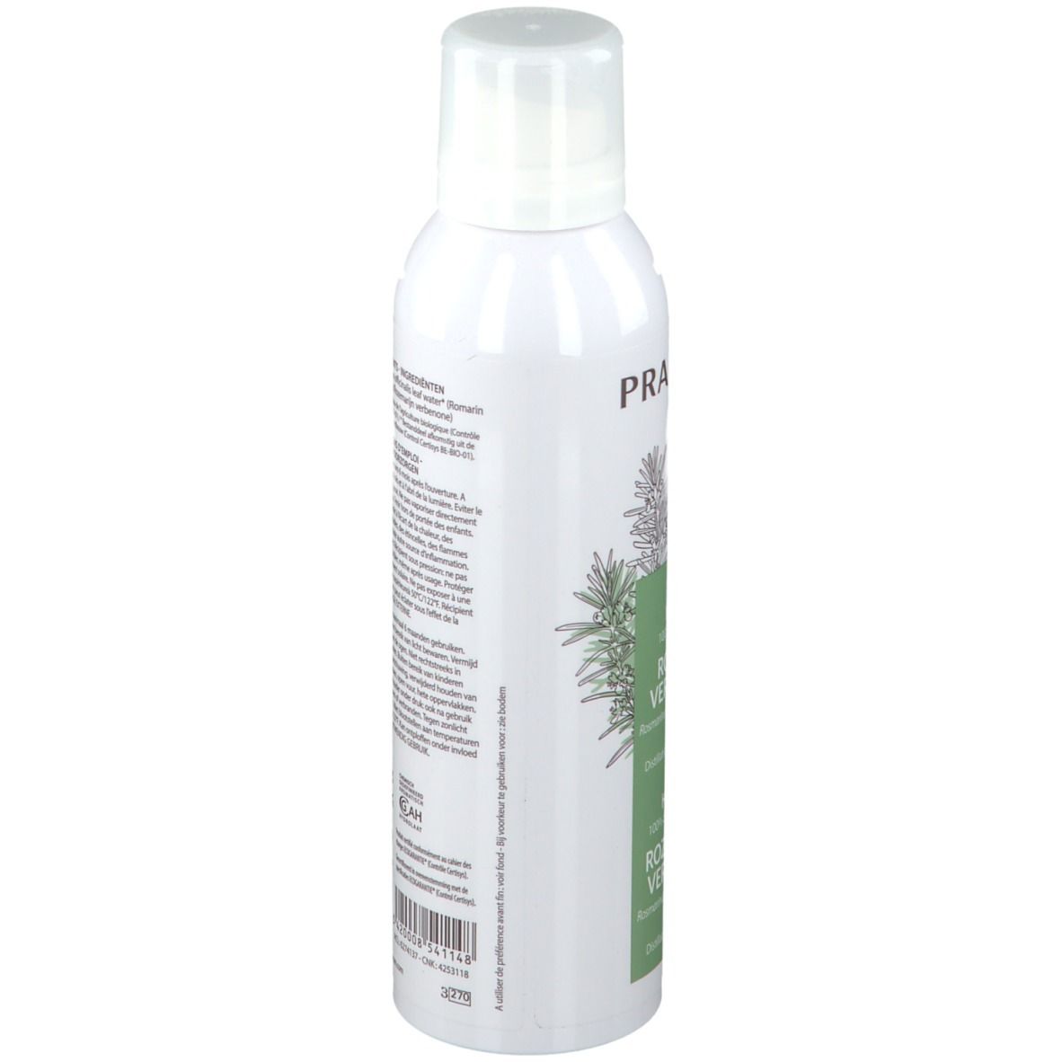 Weiße Sprühflasche, seitliche Ansicht. Grünes Etikett mit Produktinformationen. Aufschrift: PRANAROM, ROMARIN VERBENONE.