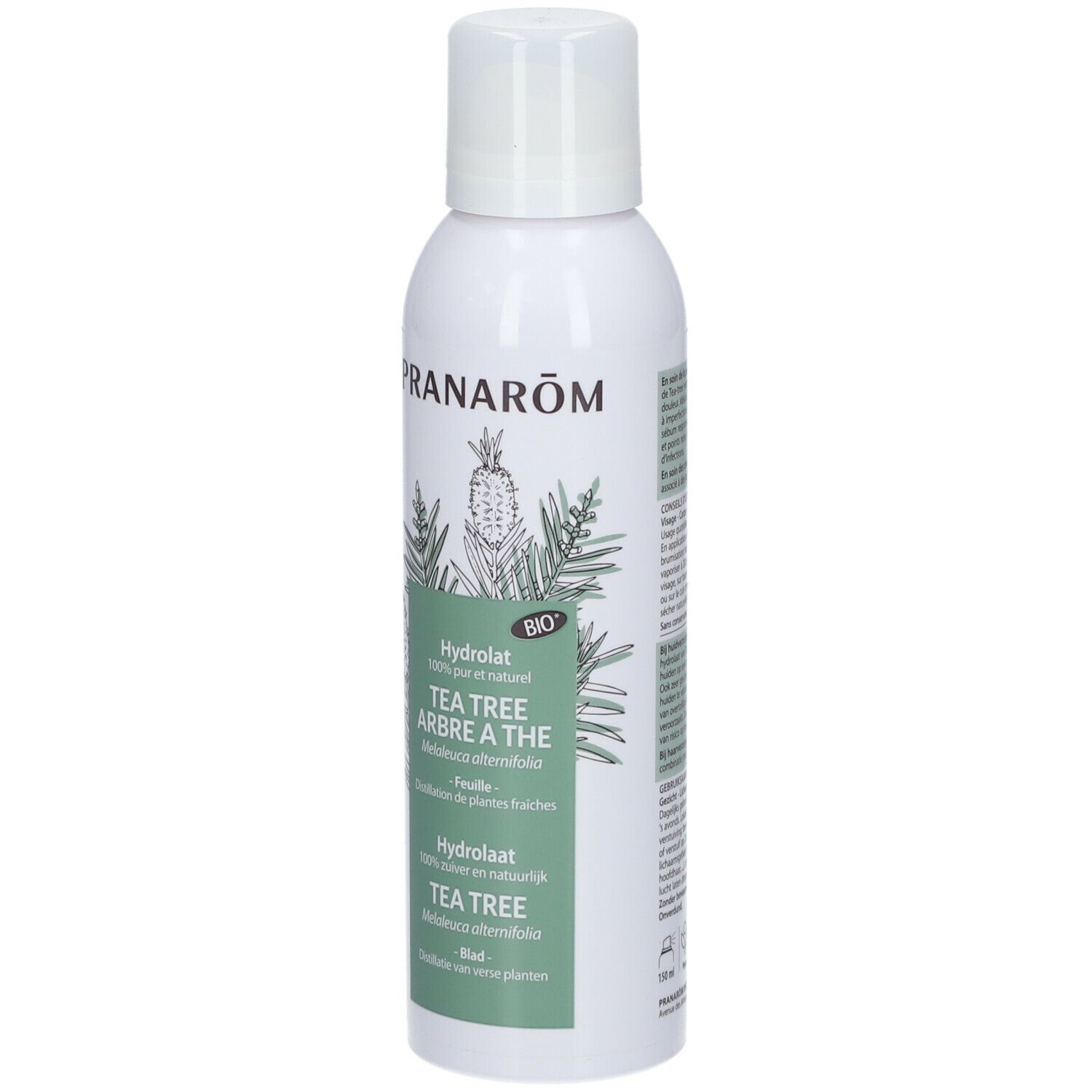 Flacon spray blanc, étiquette verte. Inscription: PRANAROM, Hydrolat Tea Tree. Certification Bio.