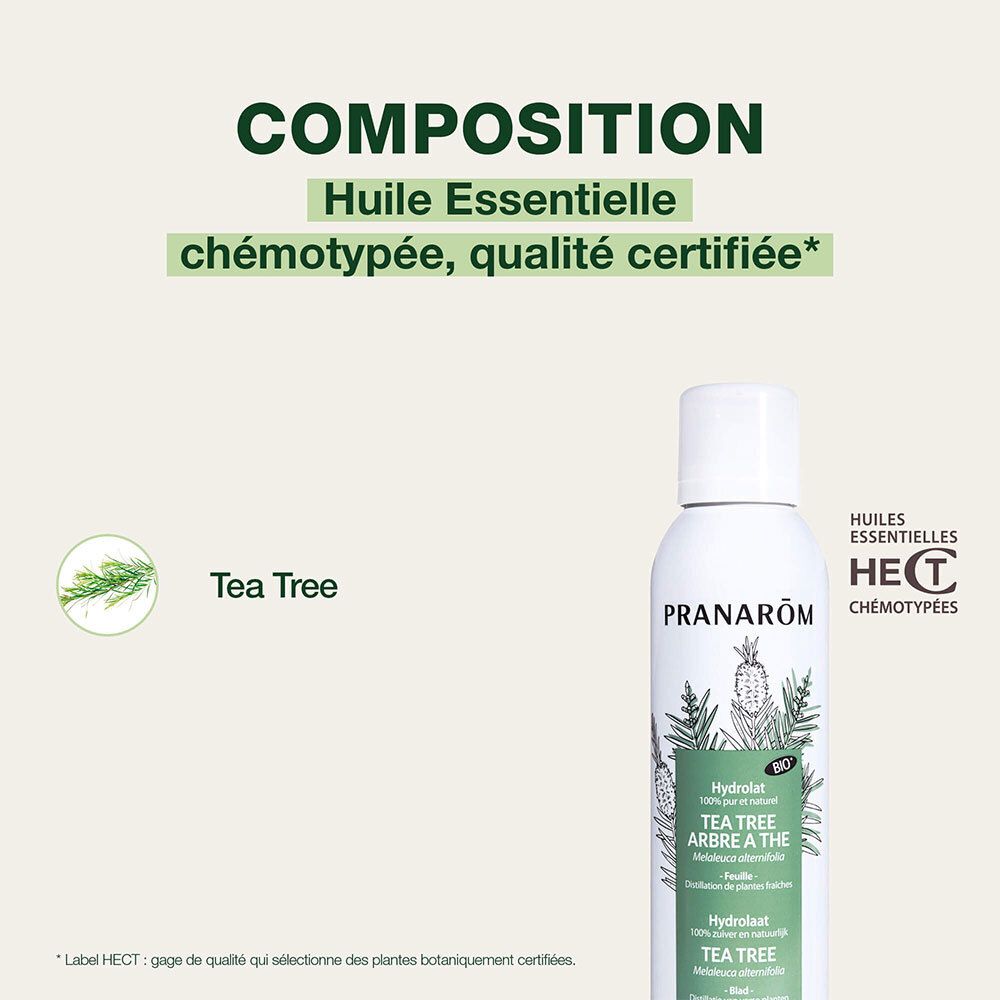 PRANAROM Teebaum-Hydrolat Flasche mit HECT-Siegel und Teebaum-Illustration.