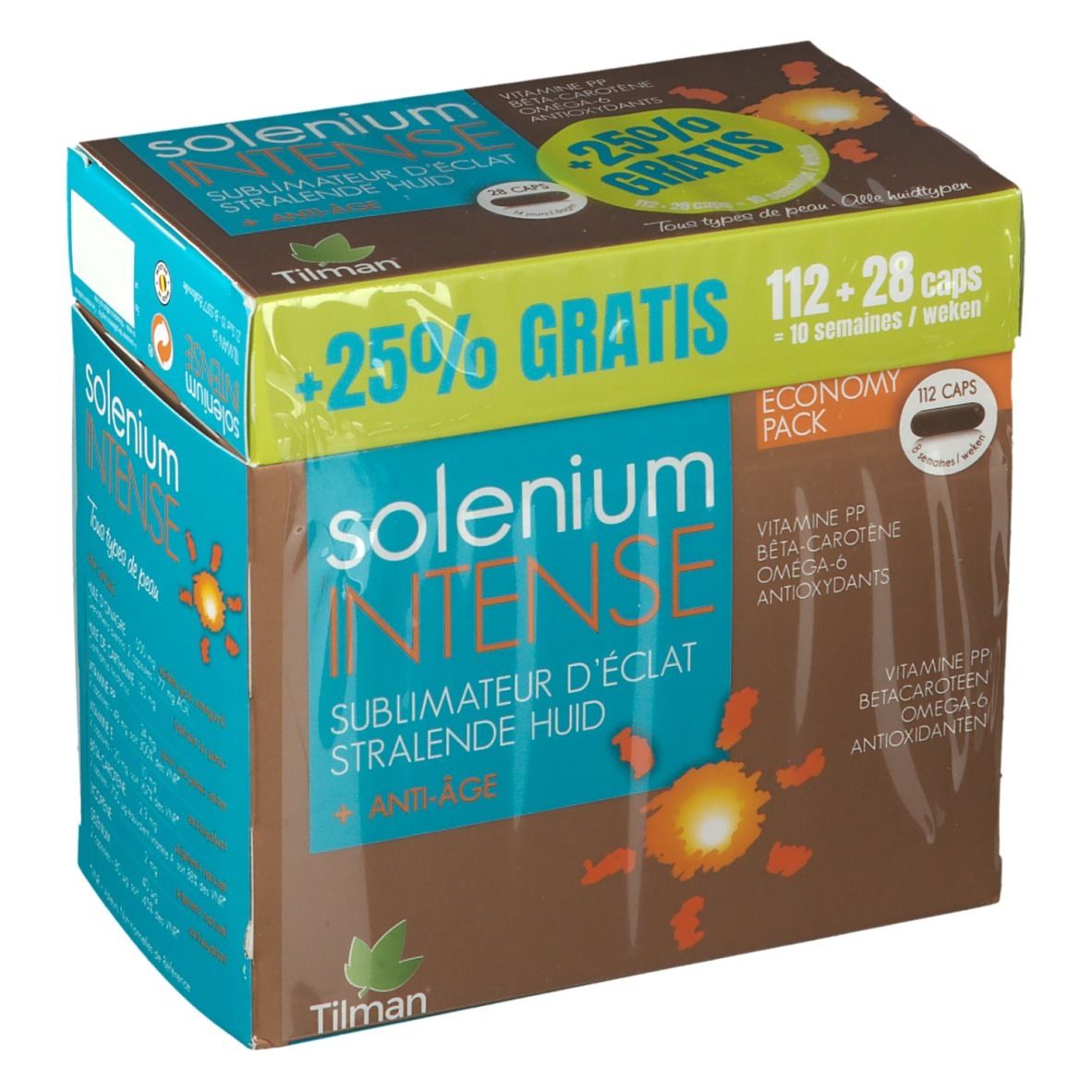 Boîte Solenium Intense, marron et bleu. Inscription '+25% GRATIS' et nom du produit. Contient 112+28 capsules.