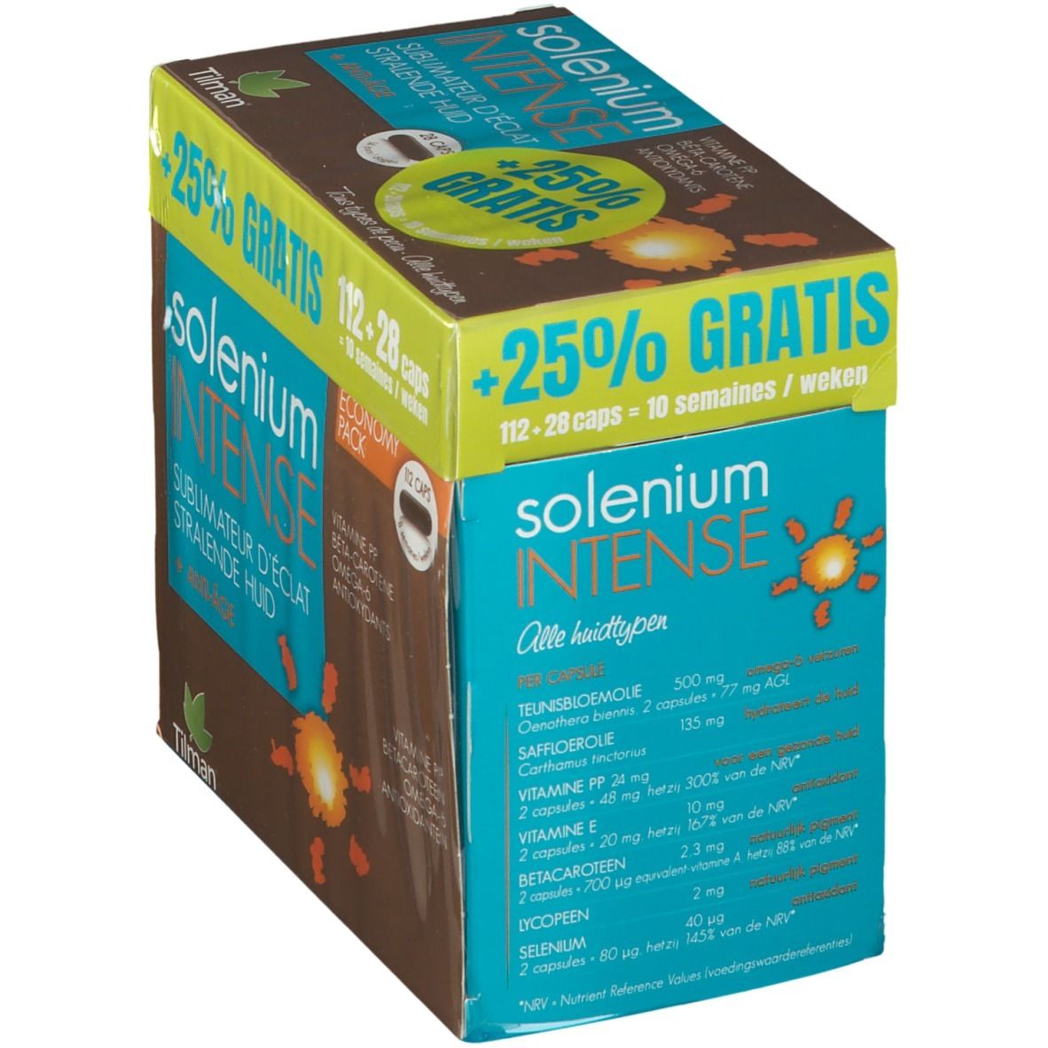 Boîte Solenium Intense, marron et bleu. Inscription '+25% GRATIS' et informations produit. Contient 112+28 capsules.