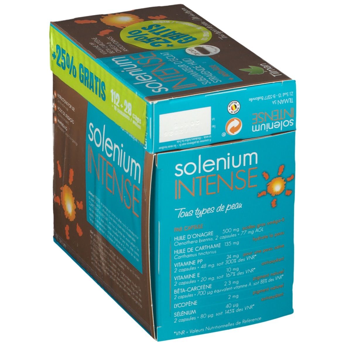 Boîte Solenium Intense, marron et bleu, avec informations produit et '+25% GRATIS'. Contient 112+28 capsules.