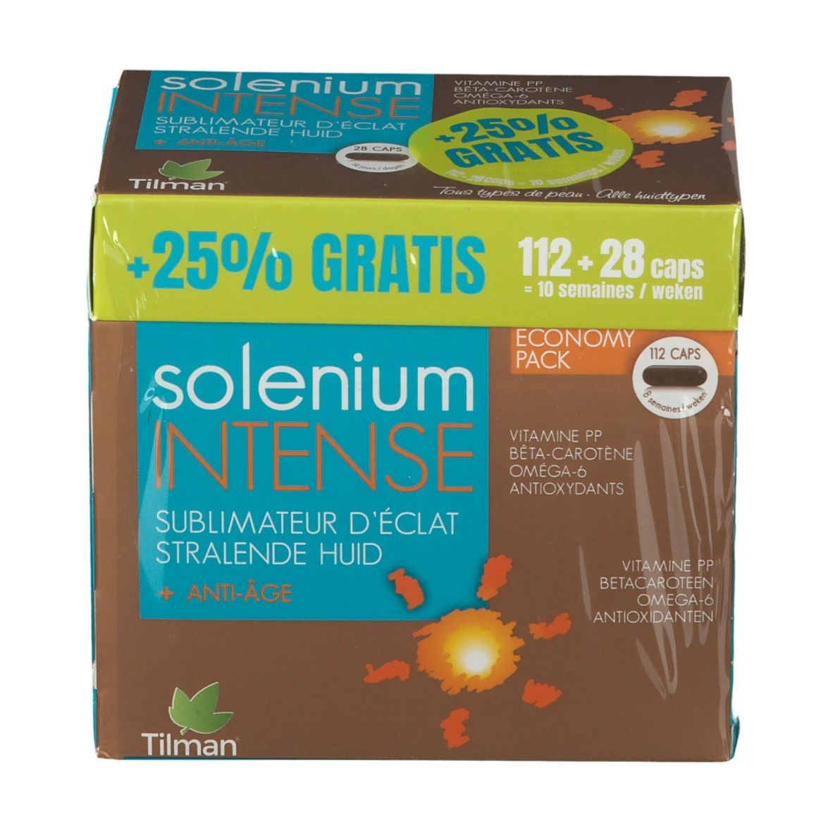 Boîte Solenium Intense, marron et bleu, avec '+25% GRATIS' et nom du produit. Contient 112+28 capsules.