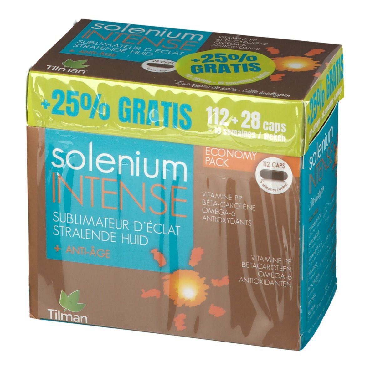 Boîte Solenium Intense, marron et bleu, avec '+25% GRATIS' et nom du produit. Contient 112+28 capsules.