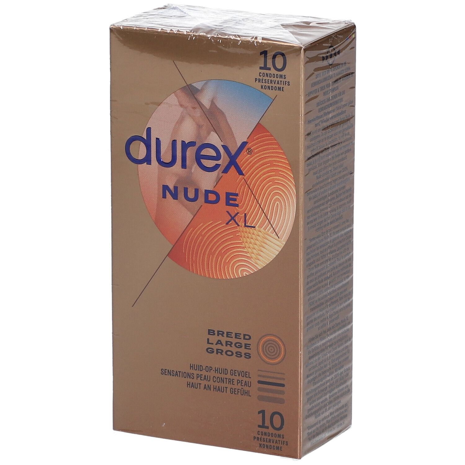 Verpackung mit Kondomen. Marke: Durex Nude XL. 10 Kondome. Aufdruck: Breed Large Gross.