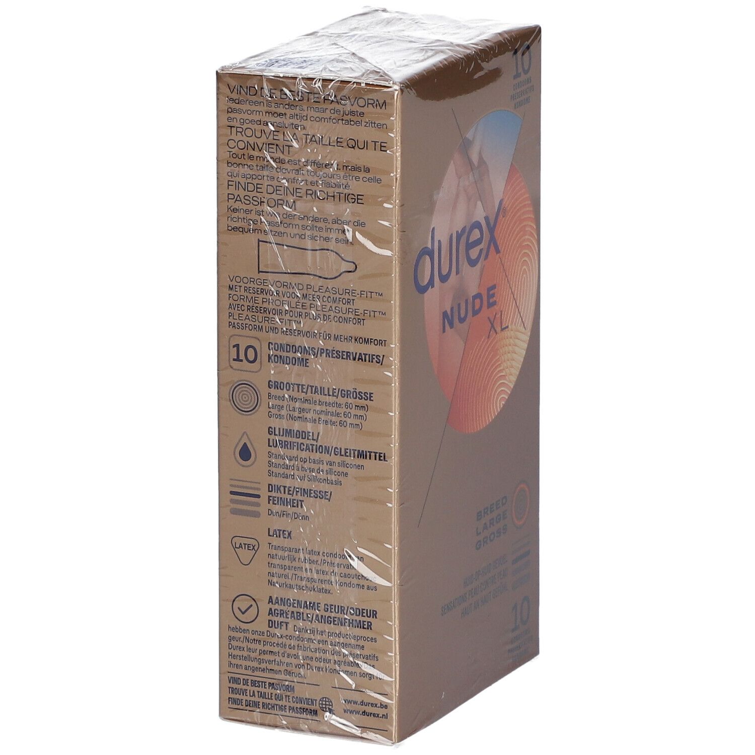 Verpackung Durex Nude XL. Seitenansicht mit Produktinformationen. 10 Kondome. Abbildungen und Text.