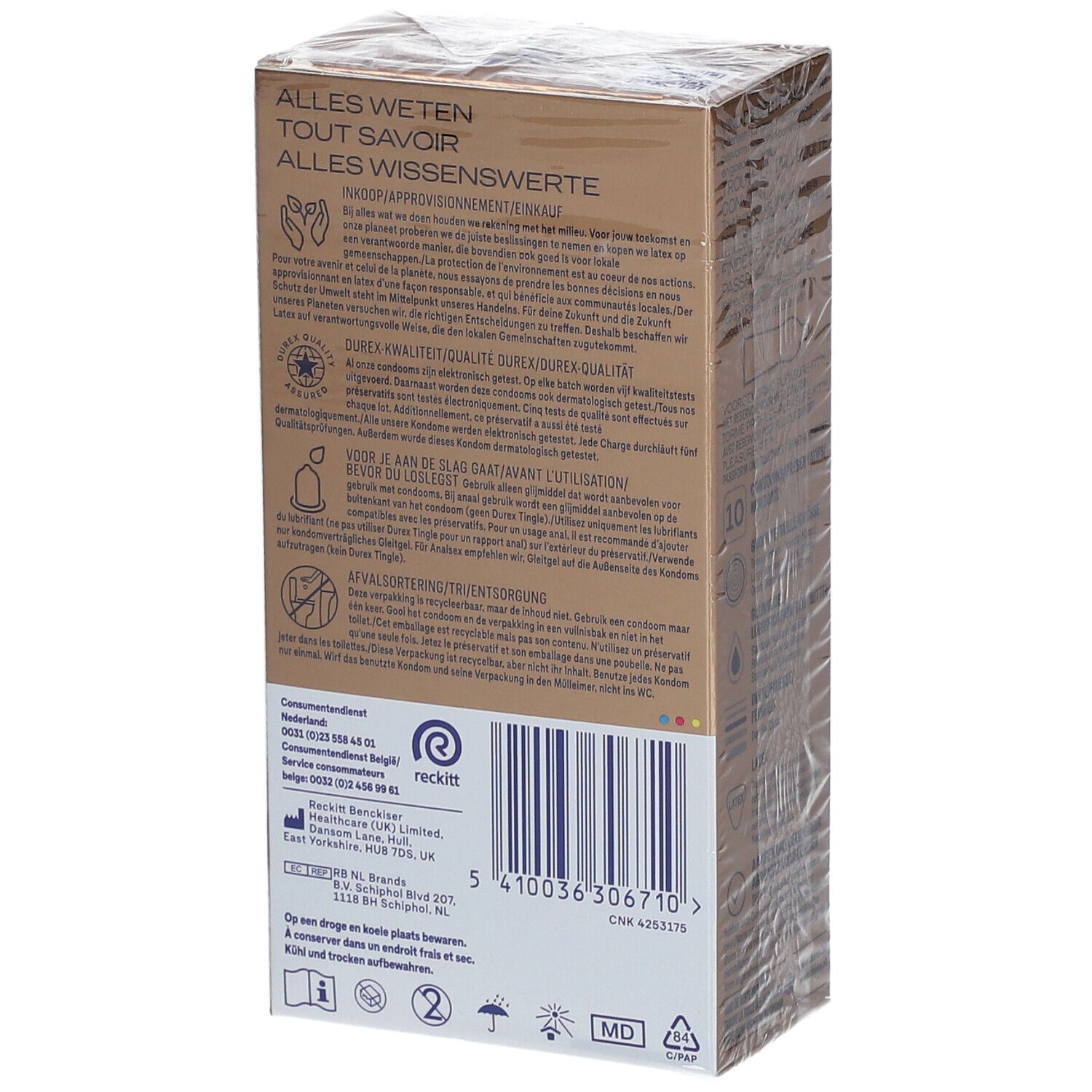 Rückseite der Verpackung Durex Nude XL. Informationen und Barcode. 10 Kondome.