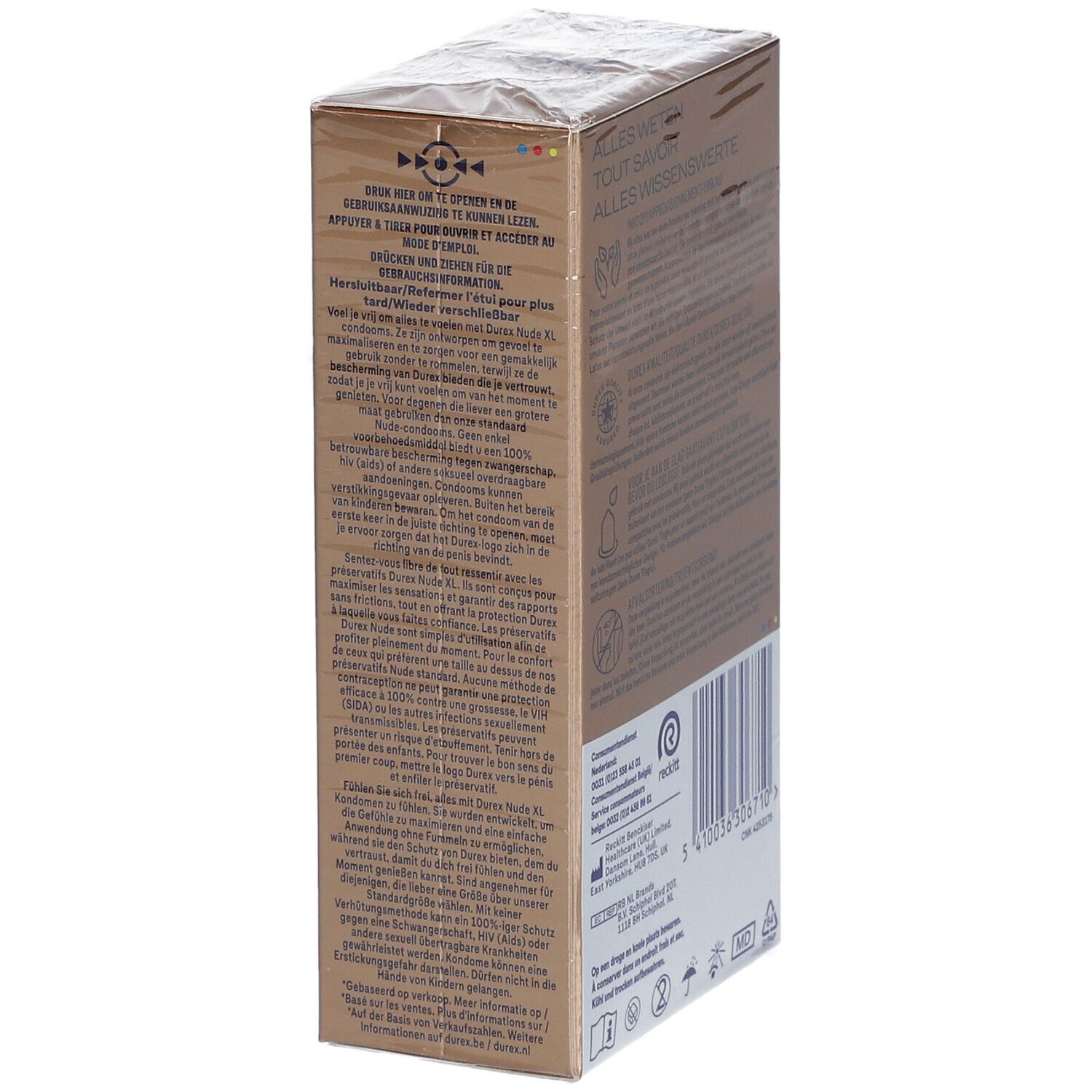 Verpackung Durex Nude XL. Informationen zum Öffnen. Text und Illustrationen.