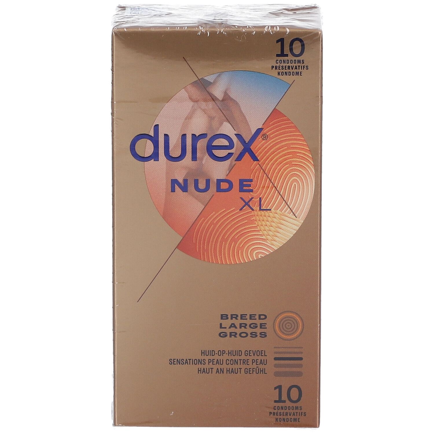 Verpackung Durex Nude XL. Marke und Produktbezeichnung. 10 Kondome. Aufdruck: Breed Large Gross.