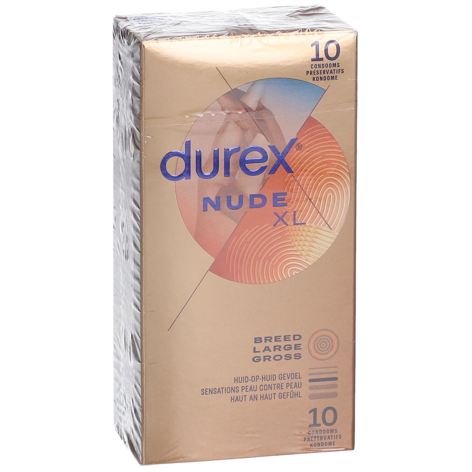 Verpackung Durex Nude XL. Marke und Produktbezeichnung. 10 Kondome. Aufdruck: Breed Large Gross.