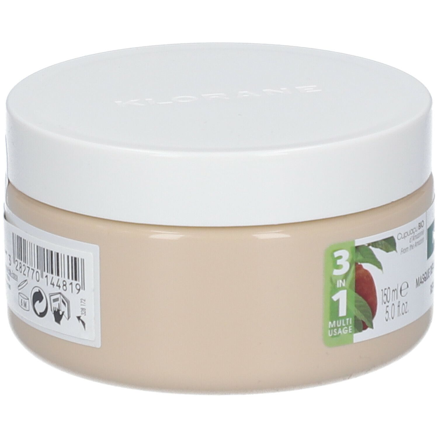Beige pot met witte deksel. Etiket met productinformatie en 3-in-1 symbool. Barcode en logo's.