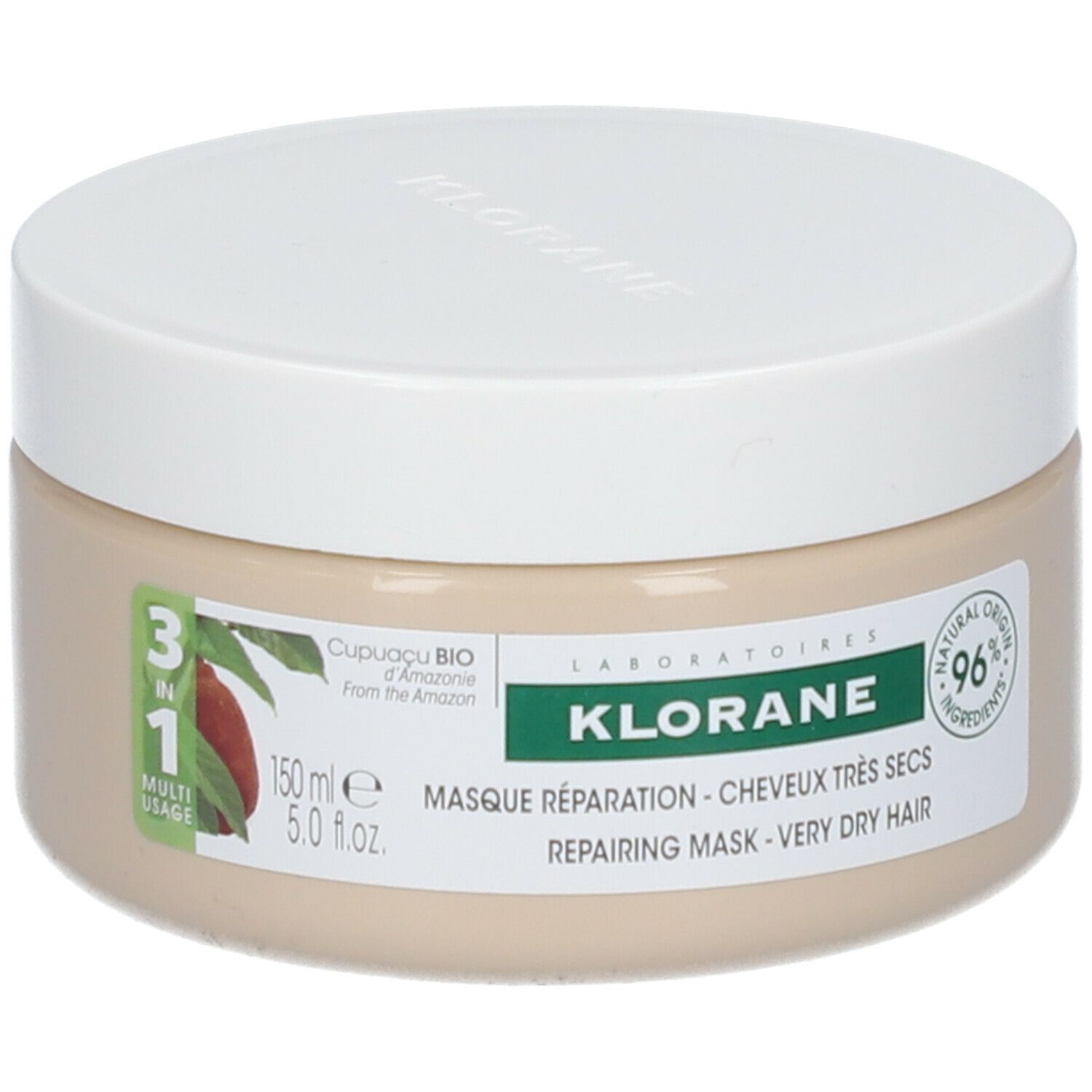 Beige pot met witte deksel. Etiket met productnaam KLORANE, 3-in-1 symbool en 96% Natural Origin.