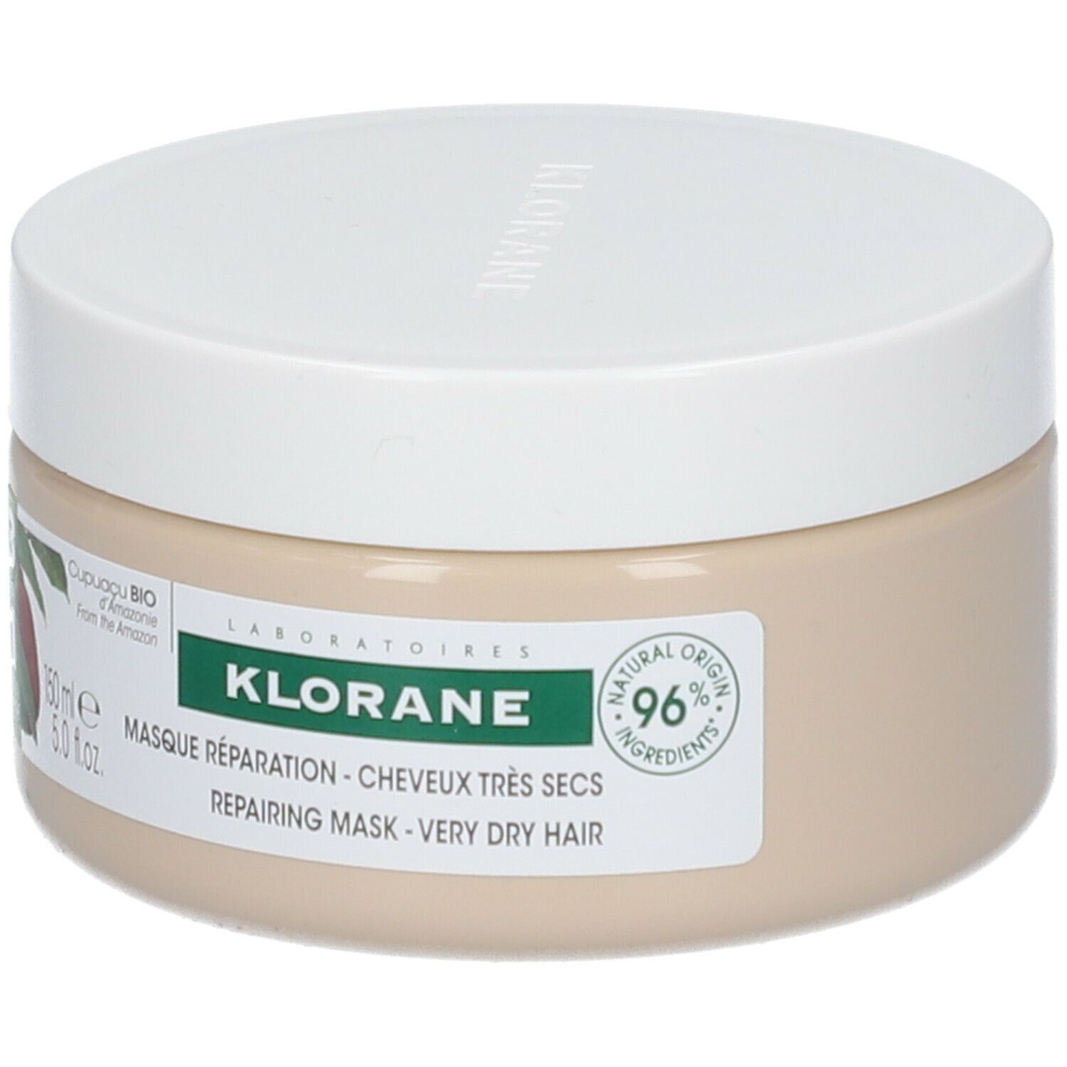Beige pot met witte deksel. Etiket met productnaam KLORANE en 96% Natural Origin. Tekst: Masque Réparation.