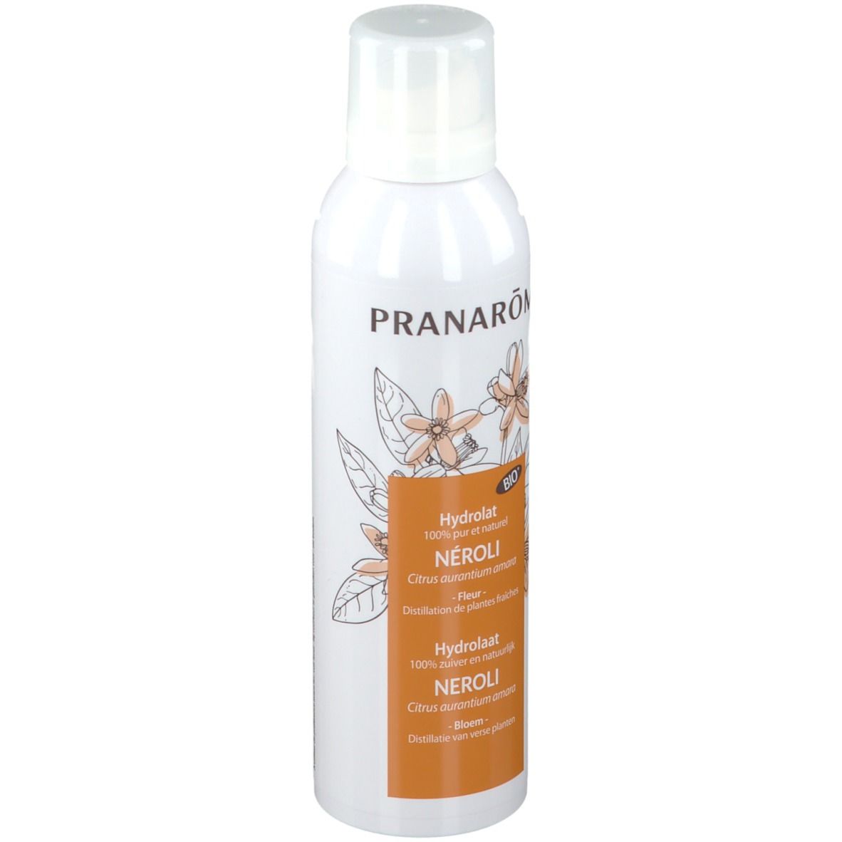 Witte spuitfles met productinformatie. Opschrift: PRANAROM, NÉROLI, BIO. Oranje etiket met bloemmotief.